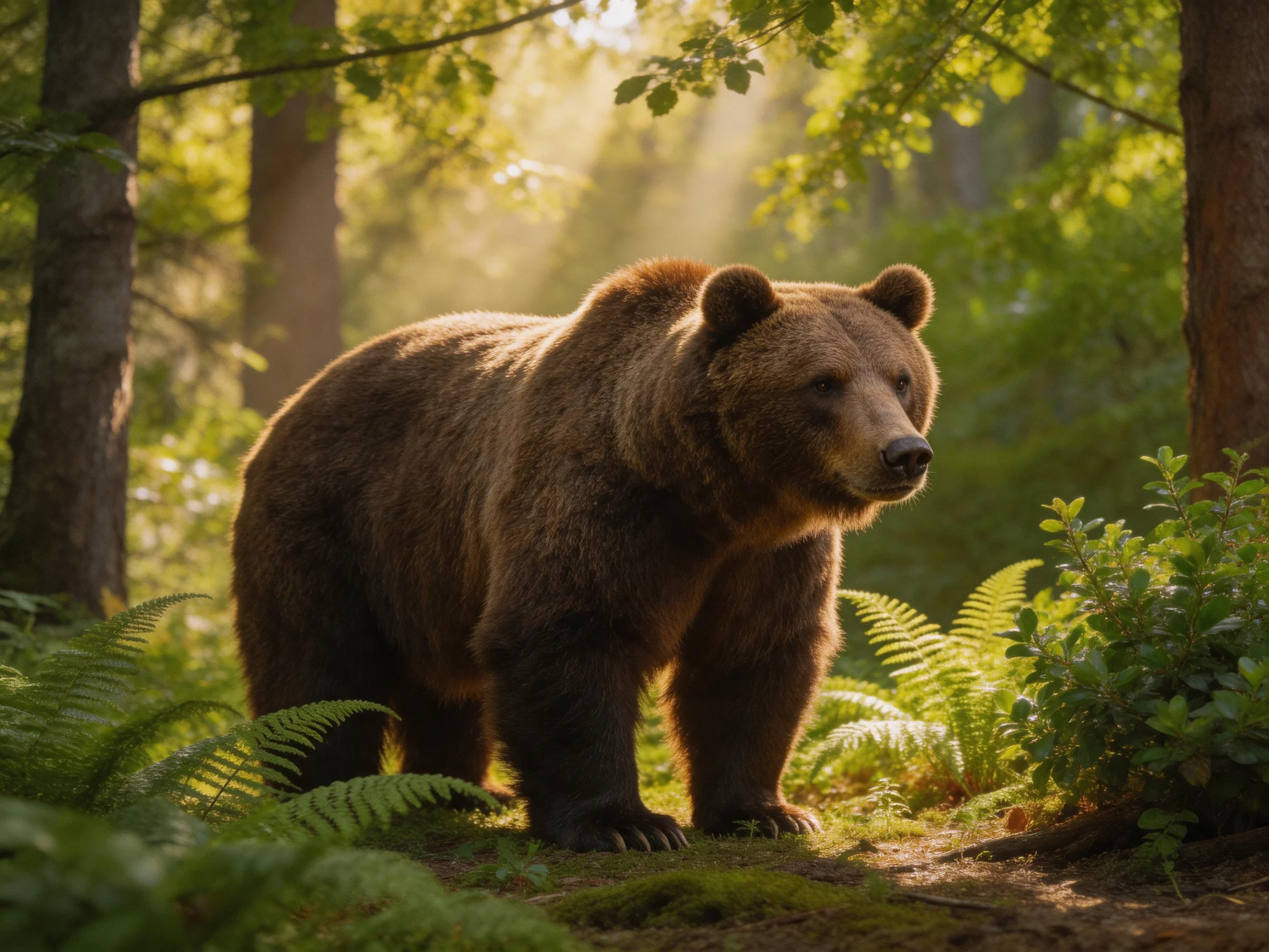 A large brown bear roams through a sunlitforest with ferns and trees.