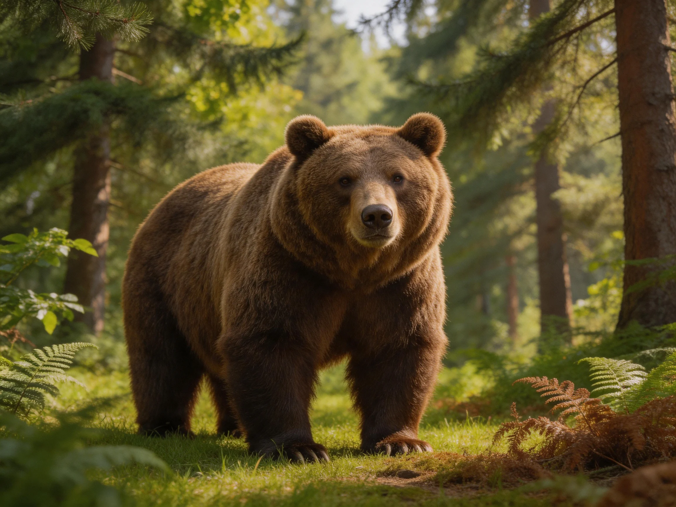 A large brown bear moves through a sunlit forest with tall trees and ferns.