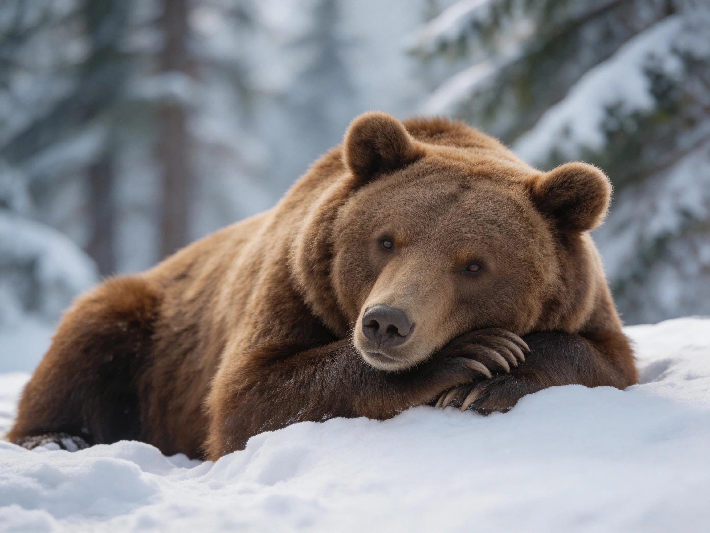 A large brown bear resting in deep white snow among snowy trees