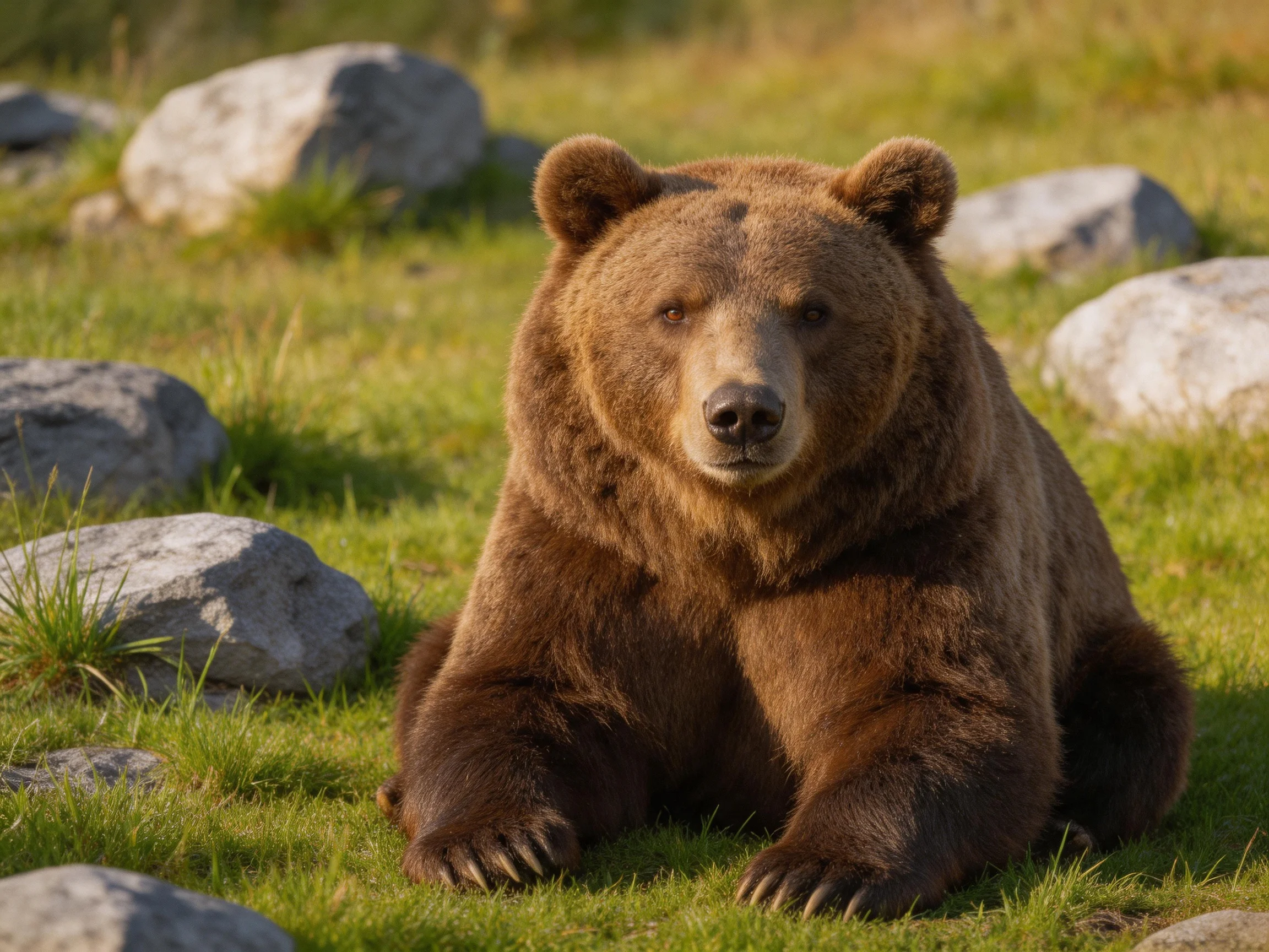 A large brown bear rests near scattered gray rocks on lush green grass