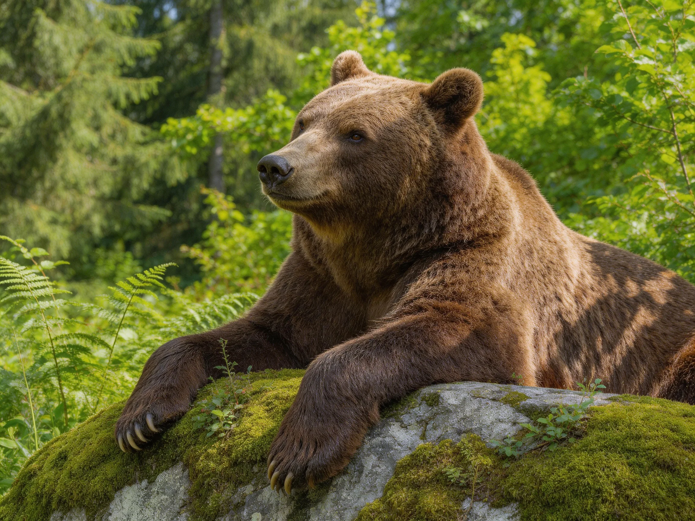 A large brown bear rests on a moss-covered rock amid lush greenery