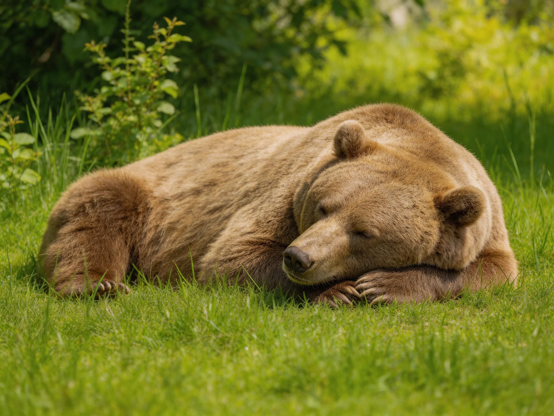 A large brown bear rests on lush green grass in a sunlit meadow
