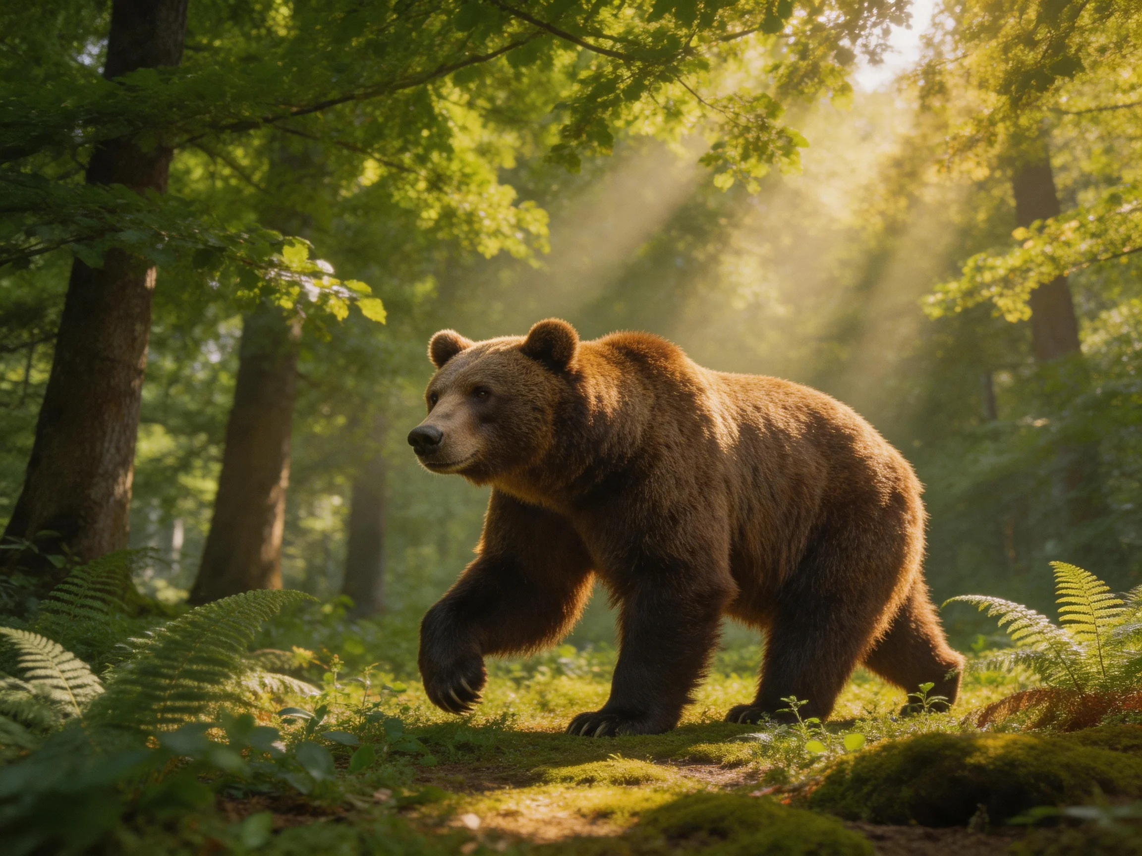 A large brown bear roams a sun-dappled green forest