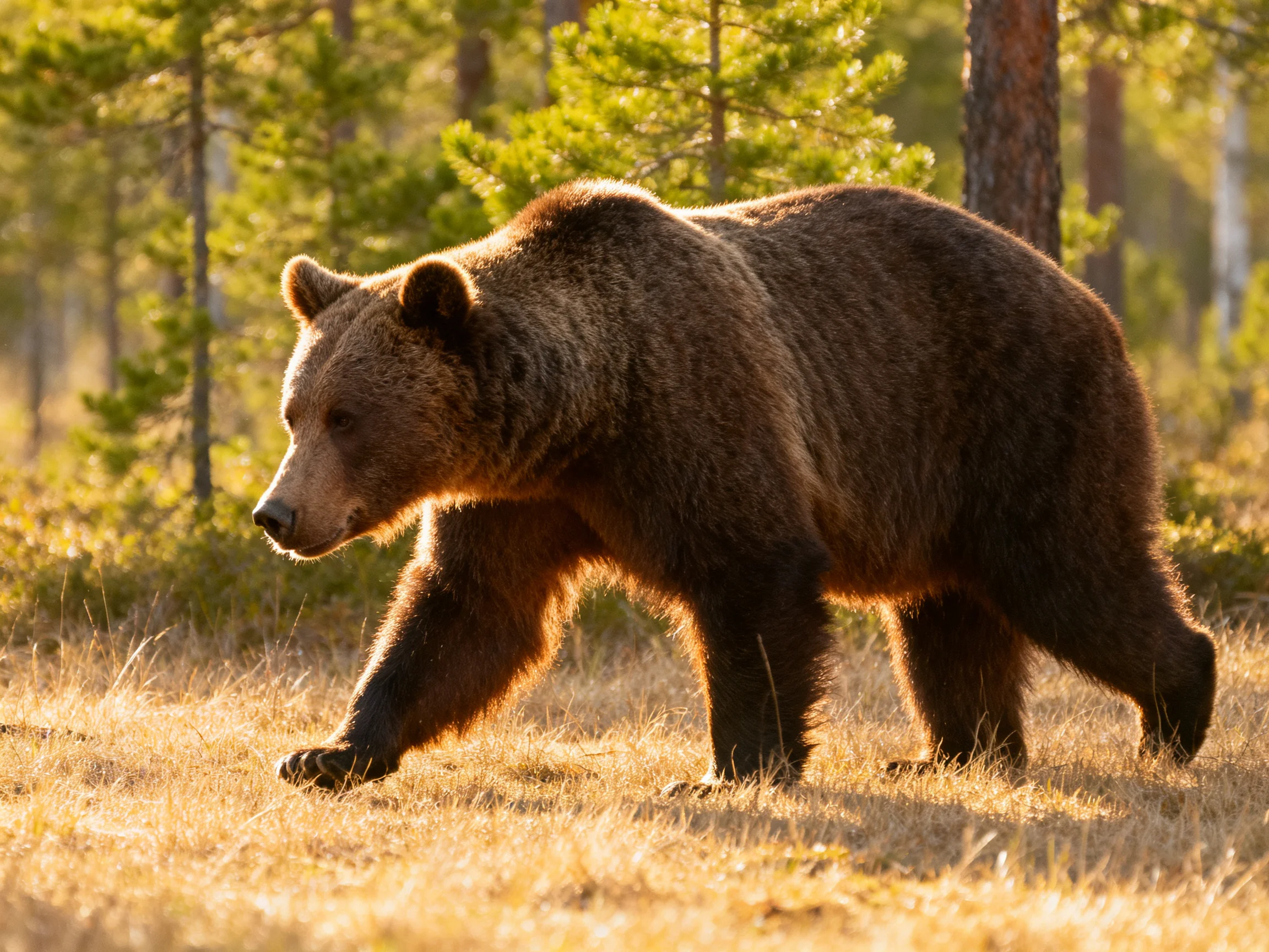 A brown bear roams a sunlit forest with tall trees and dry grass.