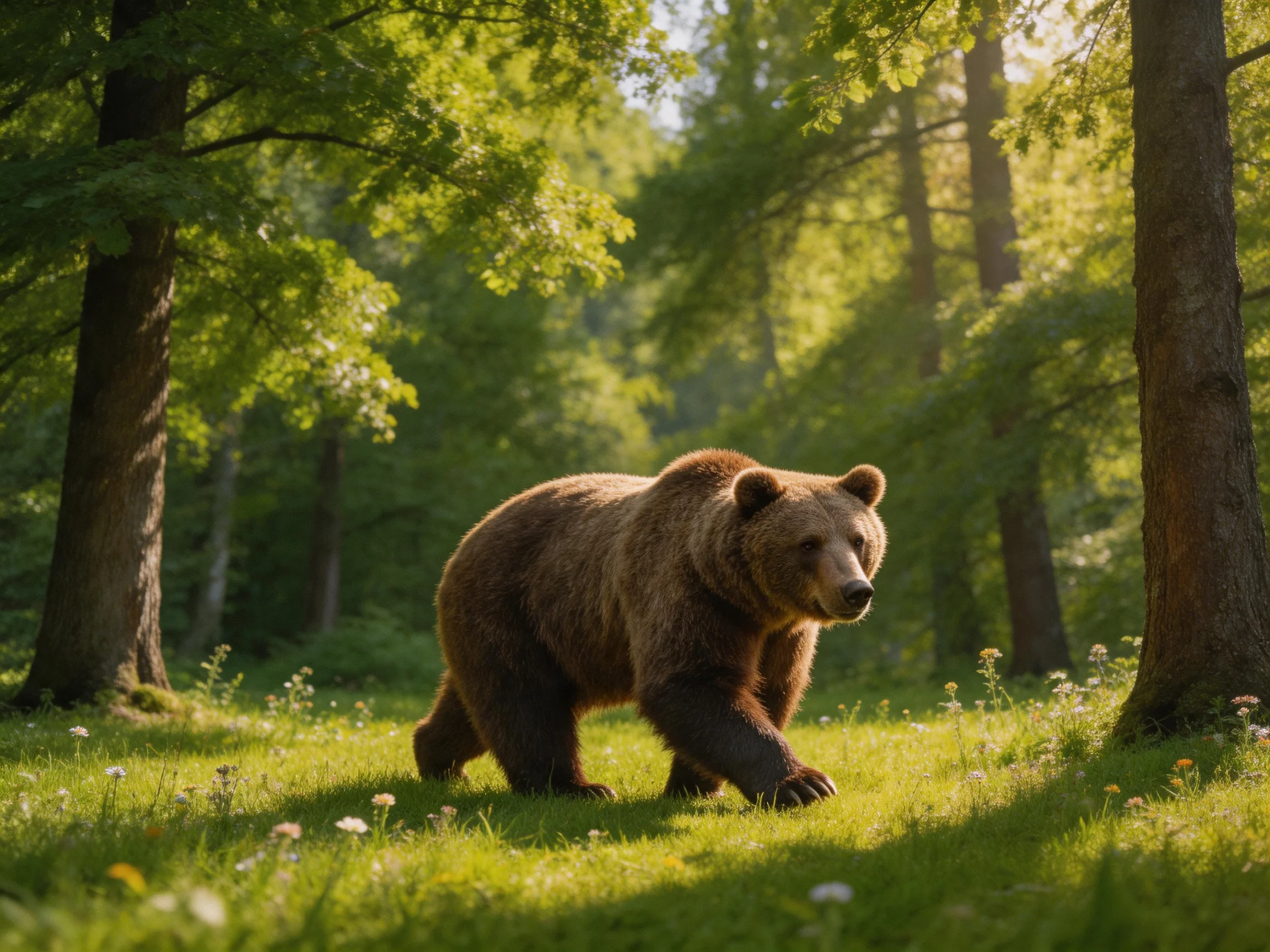 A large brown bear roams a sunlit forest clearing with tall trees