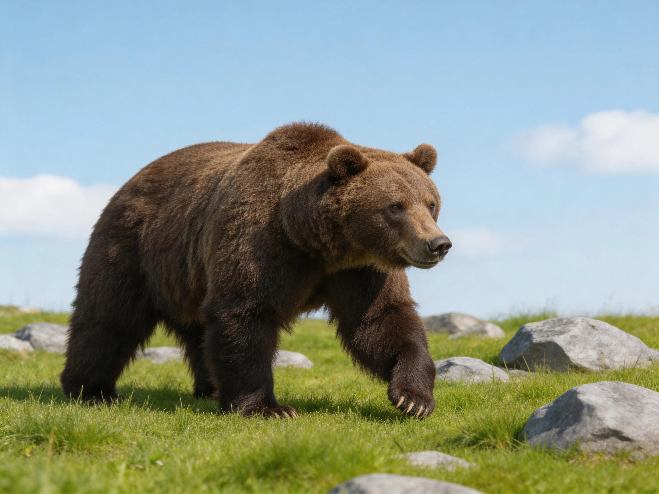 A large brown bear roams grassy terrain with scattered rocks