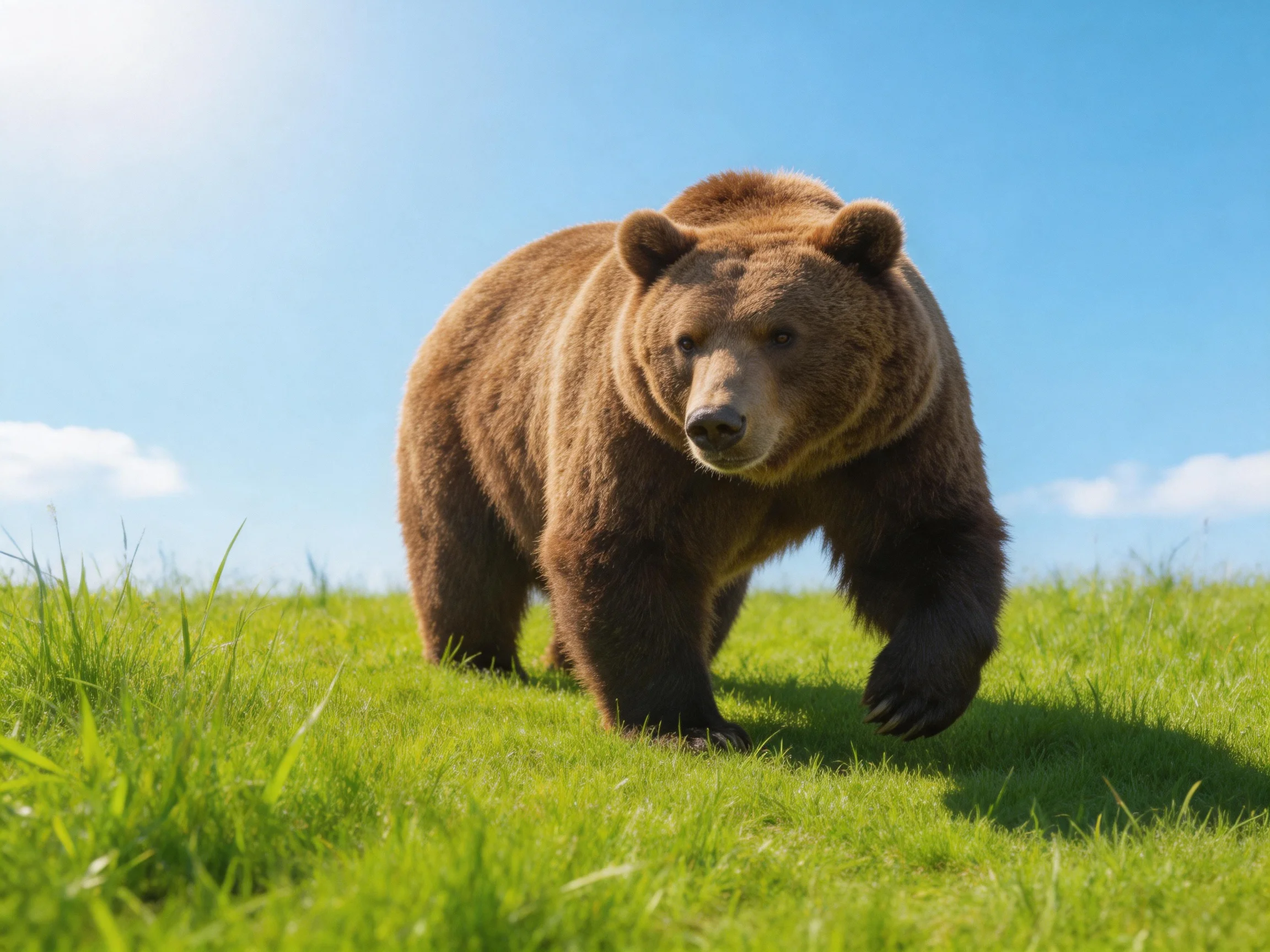 A large brown bear roams through a lush green meadow beneath clear blue sky