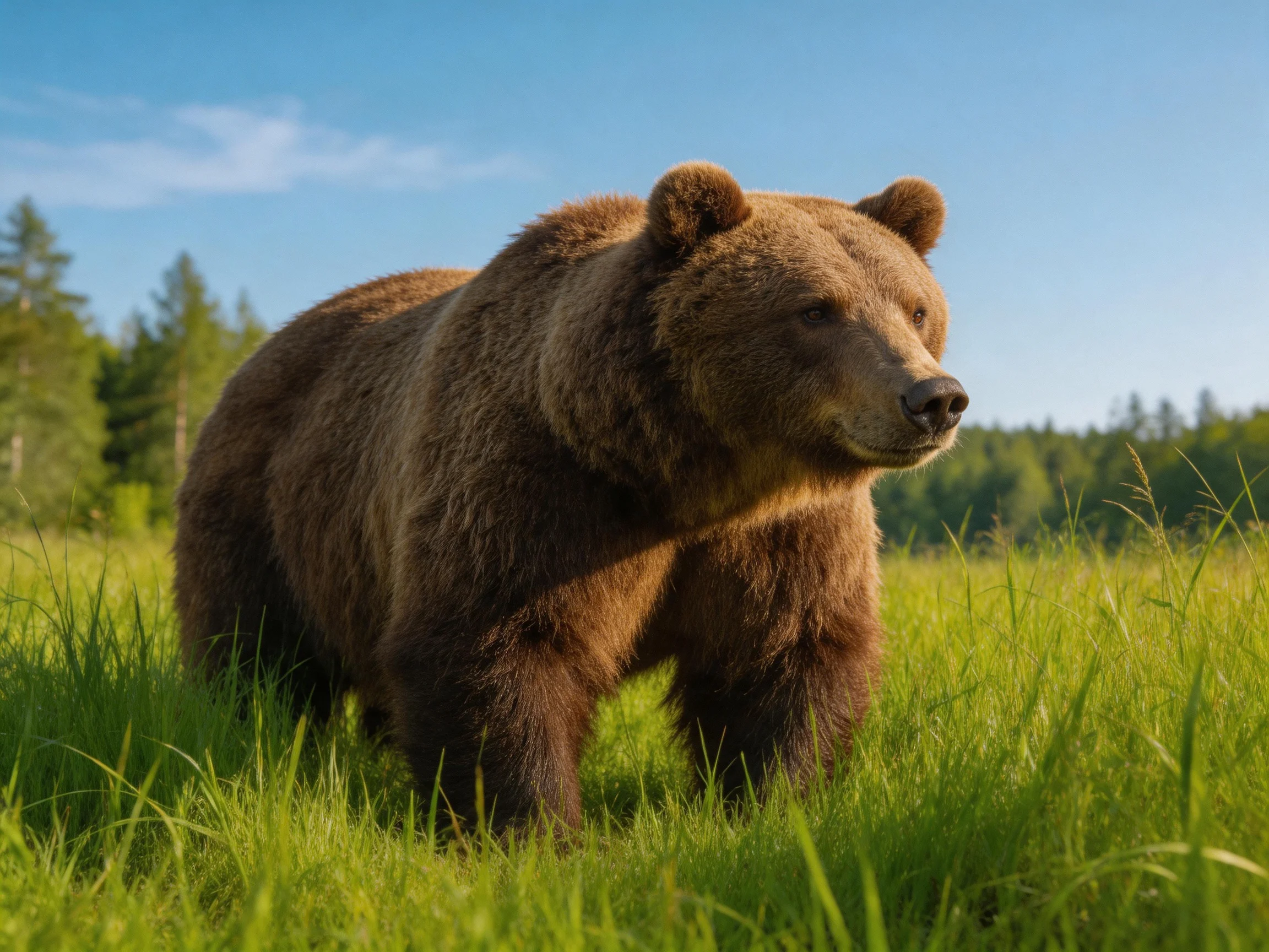 A brown bear walks through tall green grass in a sunny outdoor area.