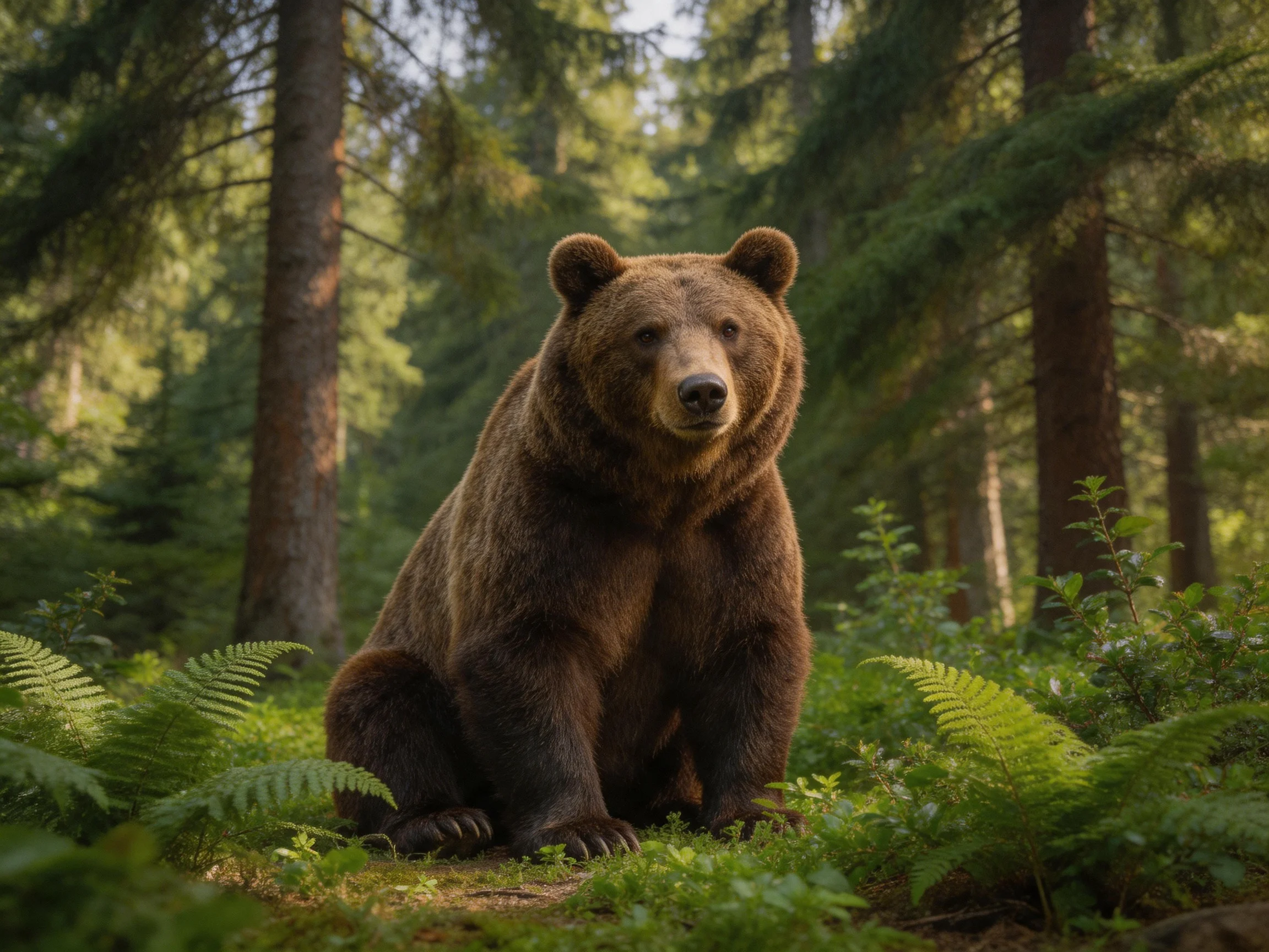 A large brown bear sits amid lush green ferns and tall trees