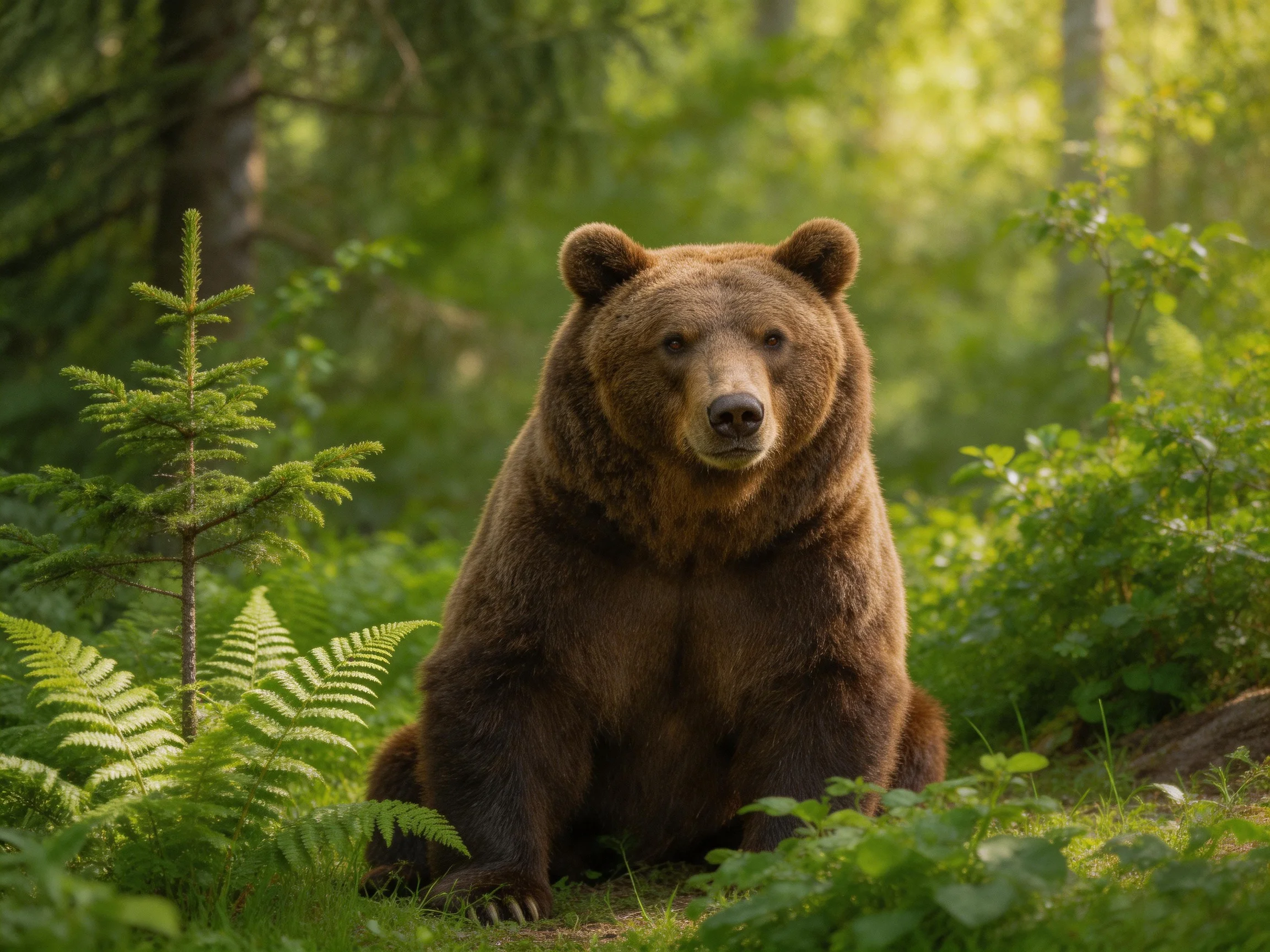 A large brown bear sits amidst vibrant greenery in a sunlit forest