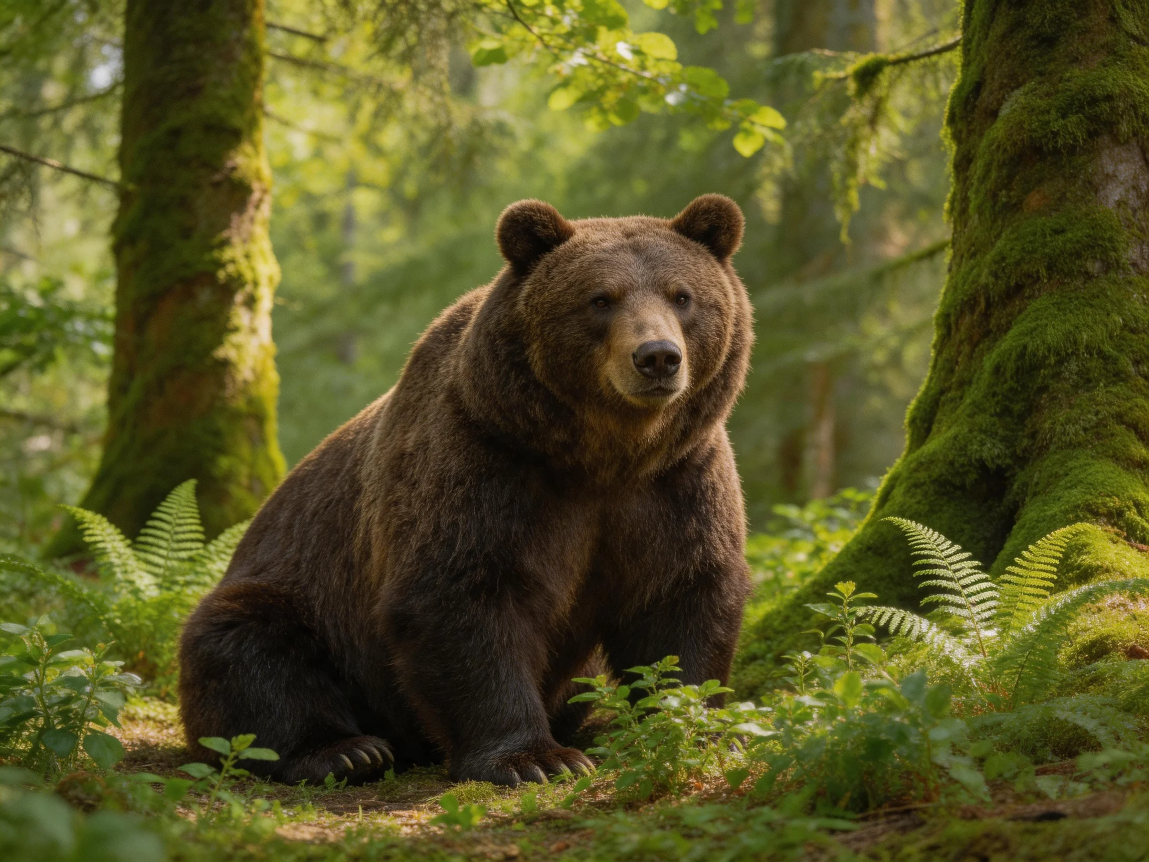 A large brown bear sits among moss-covered trees and ferns