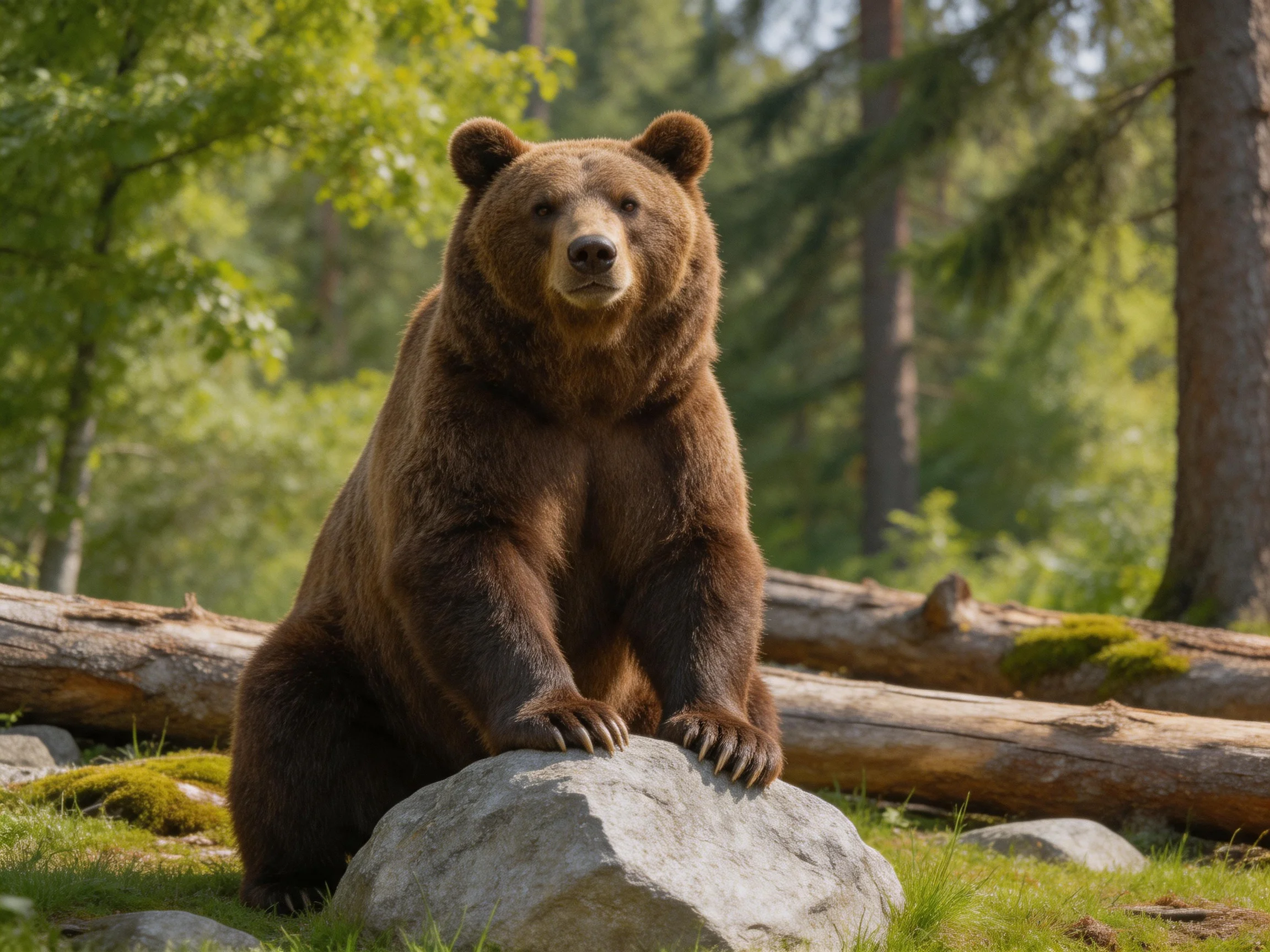 A large brown bear sits atop a gray rock in a lush forest