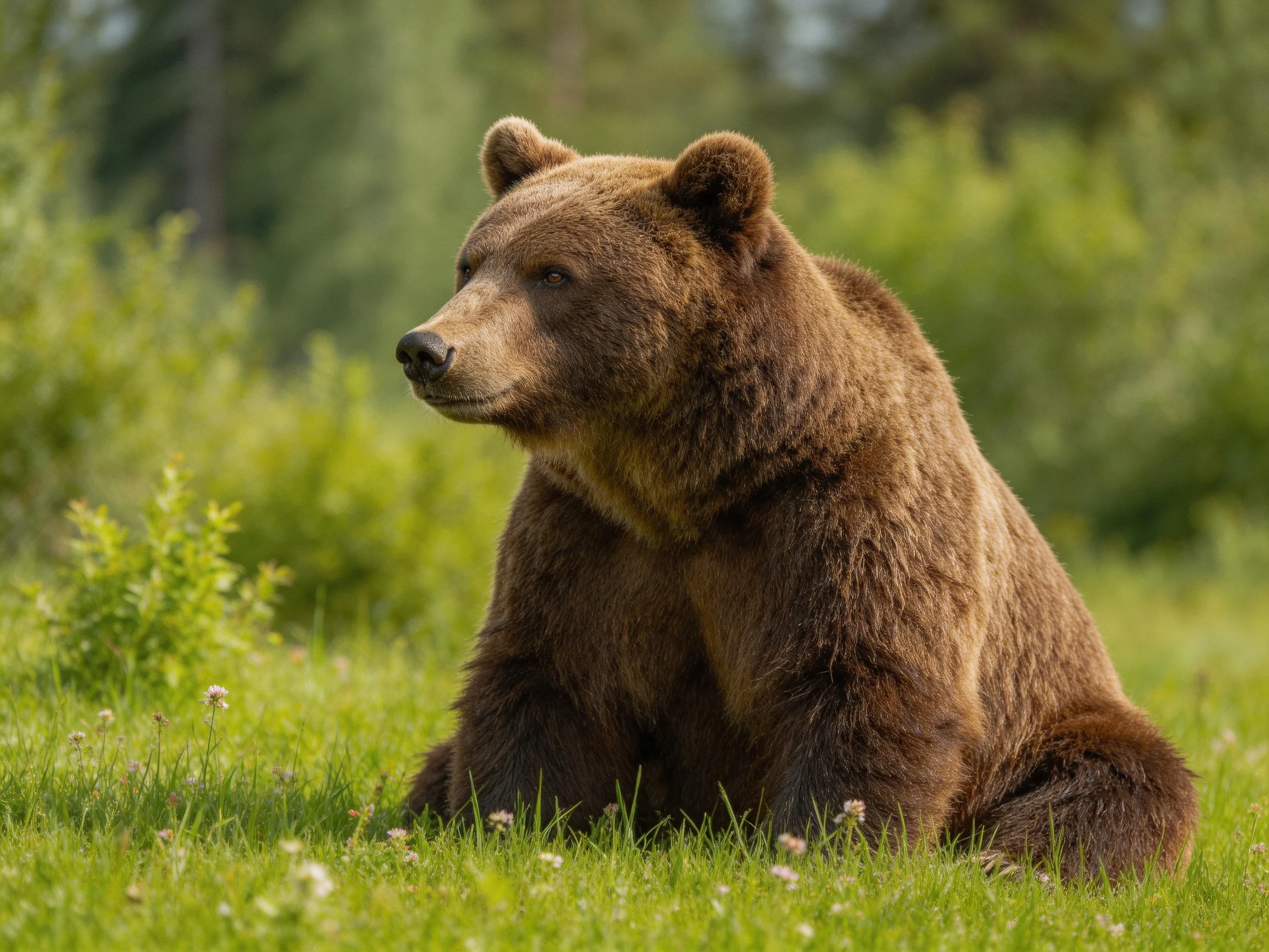 A large brown bear sits in lush green meadow near forest