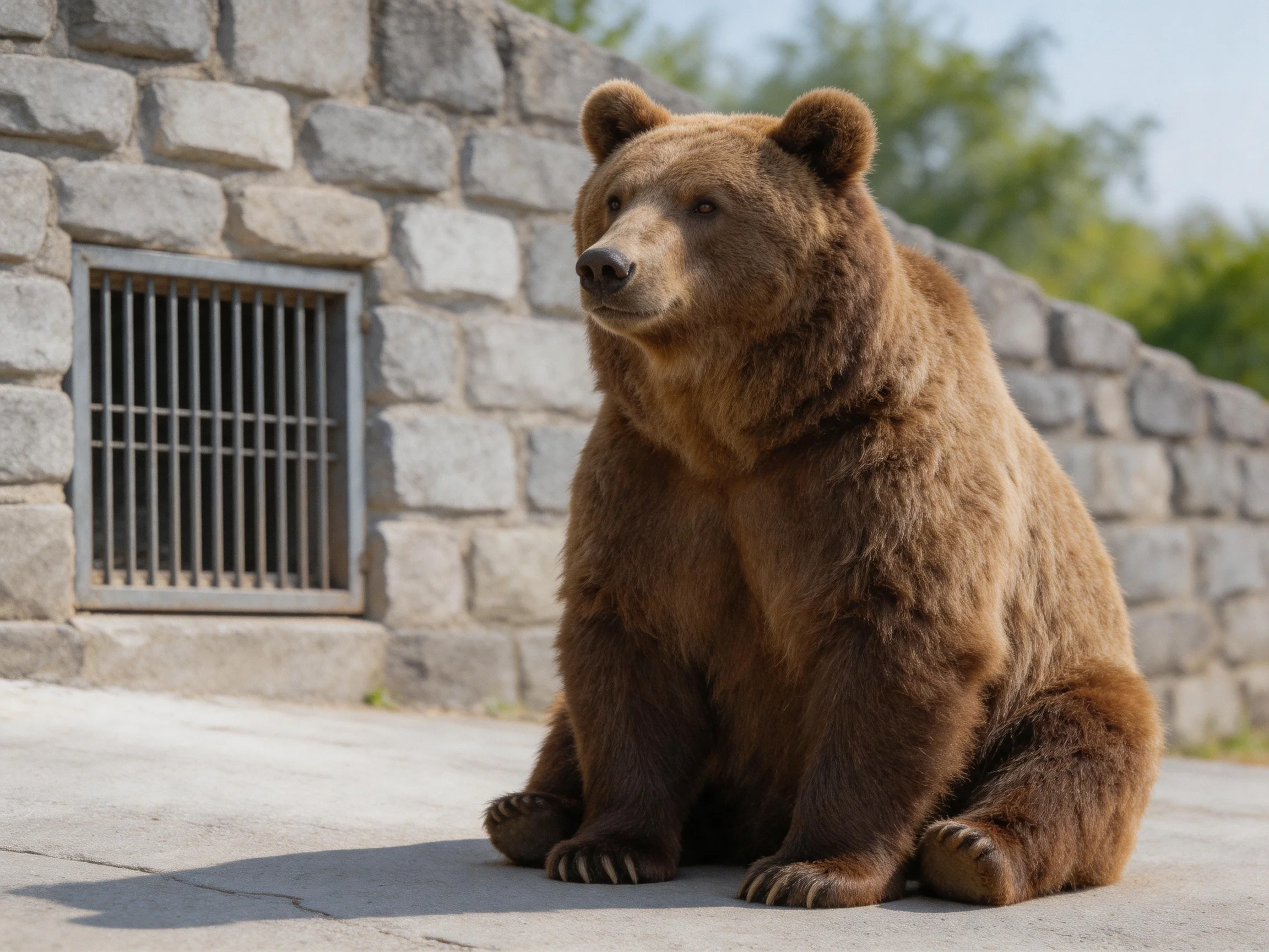 A large brown bear sits near a gray stone wall with a metal vent