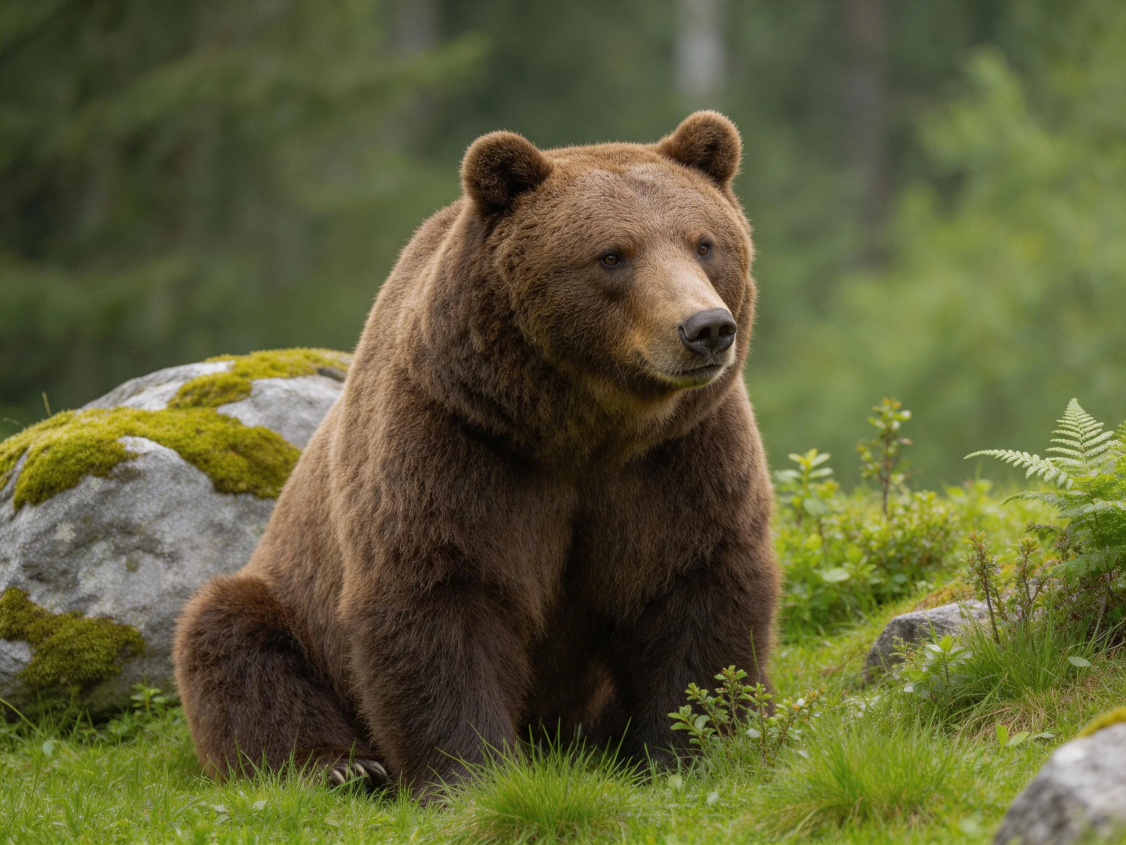 A large brown bear sits near moss-covered rocks in a lush forest