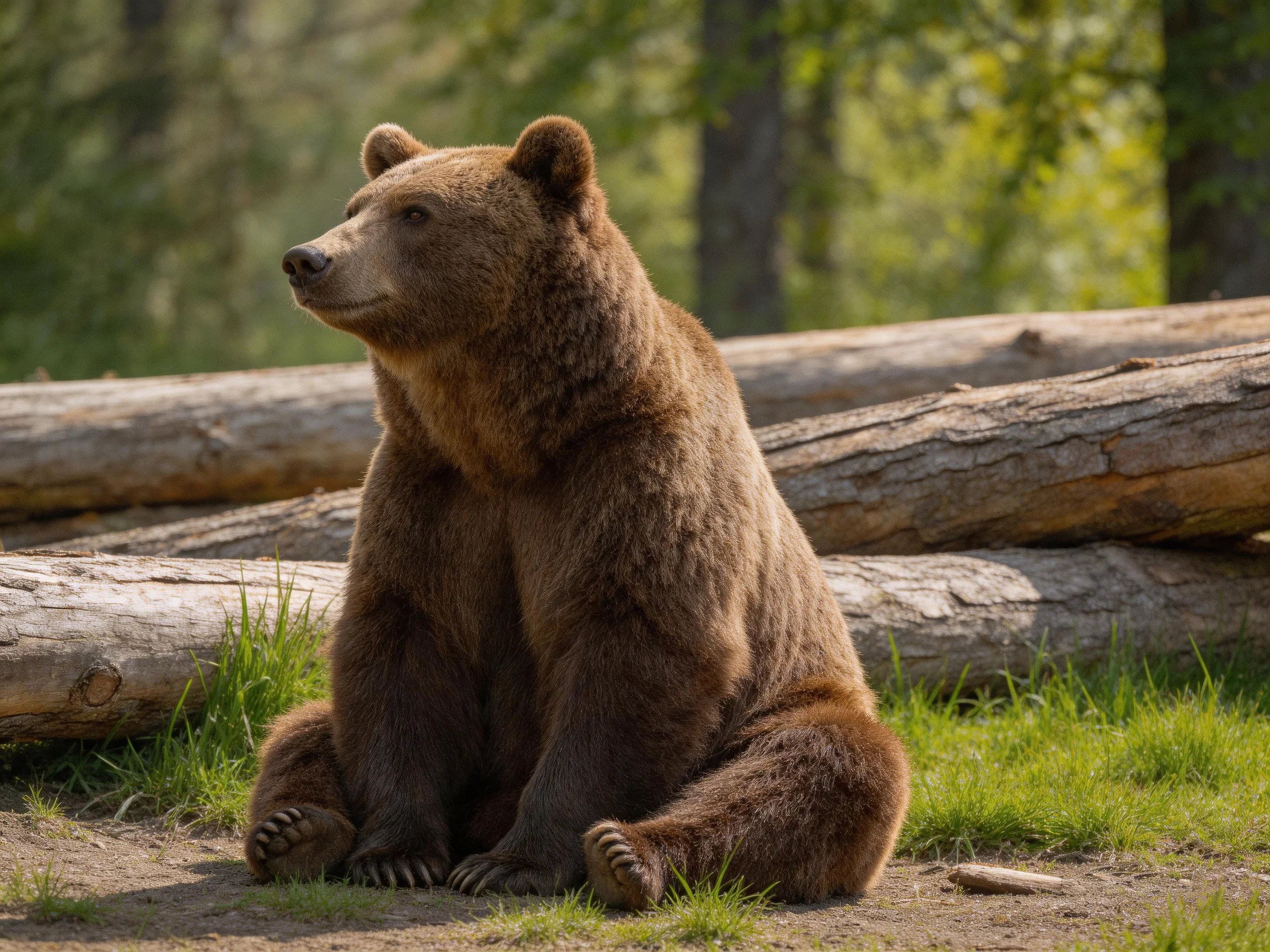 A large brown bear sits near stacked tree trunks in a sunlit forest