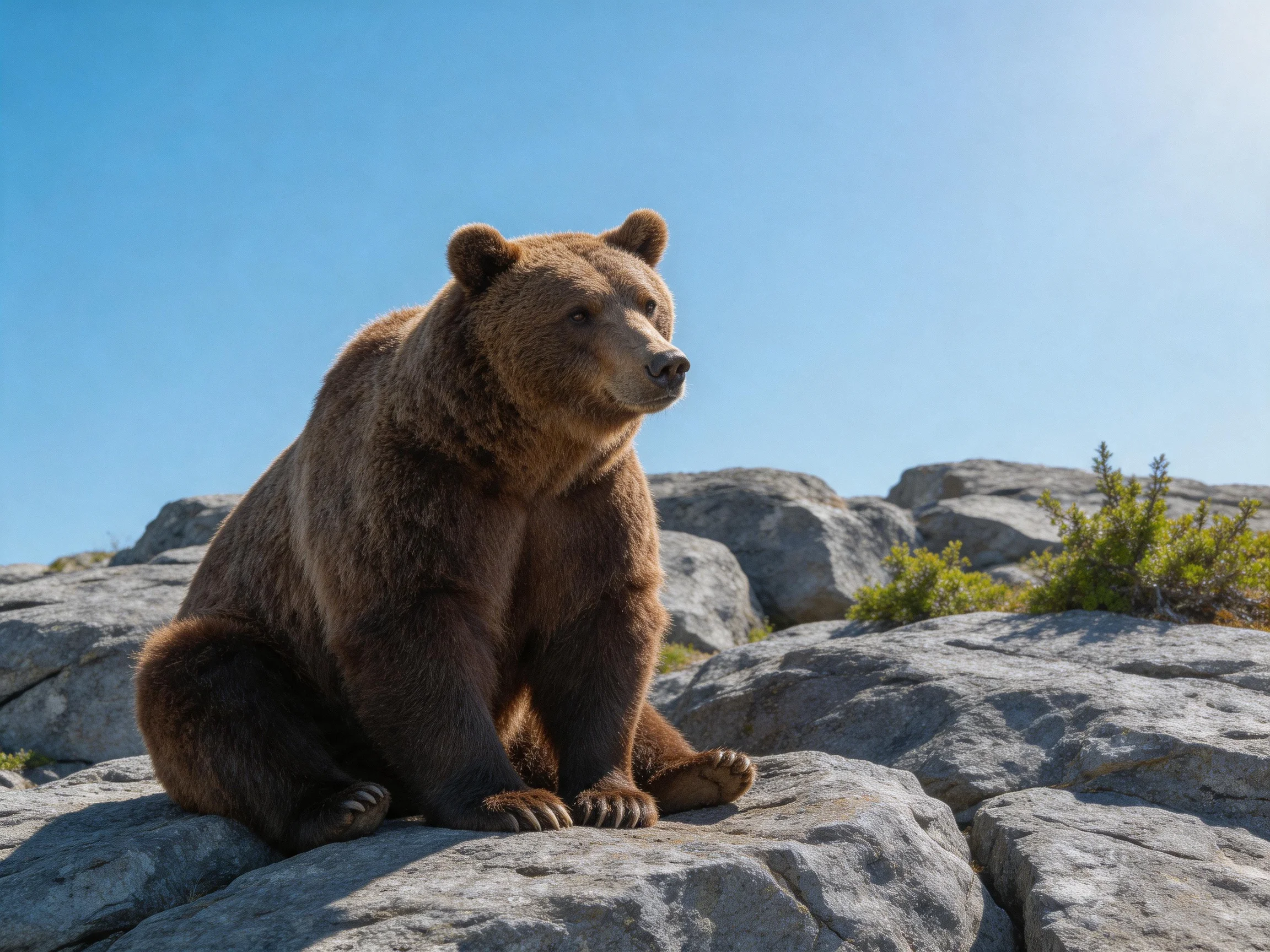 A large brown bear sits on gray rocks beneath a bright blue sky