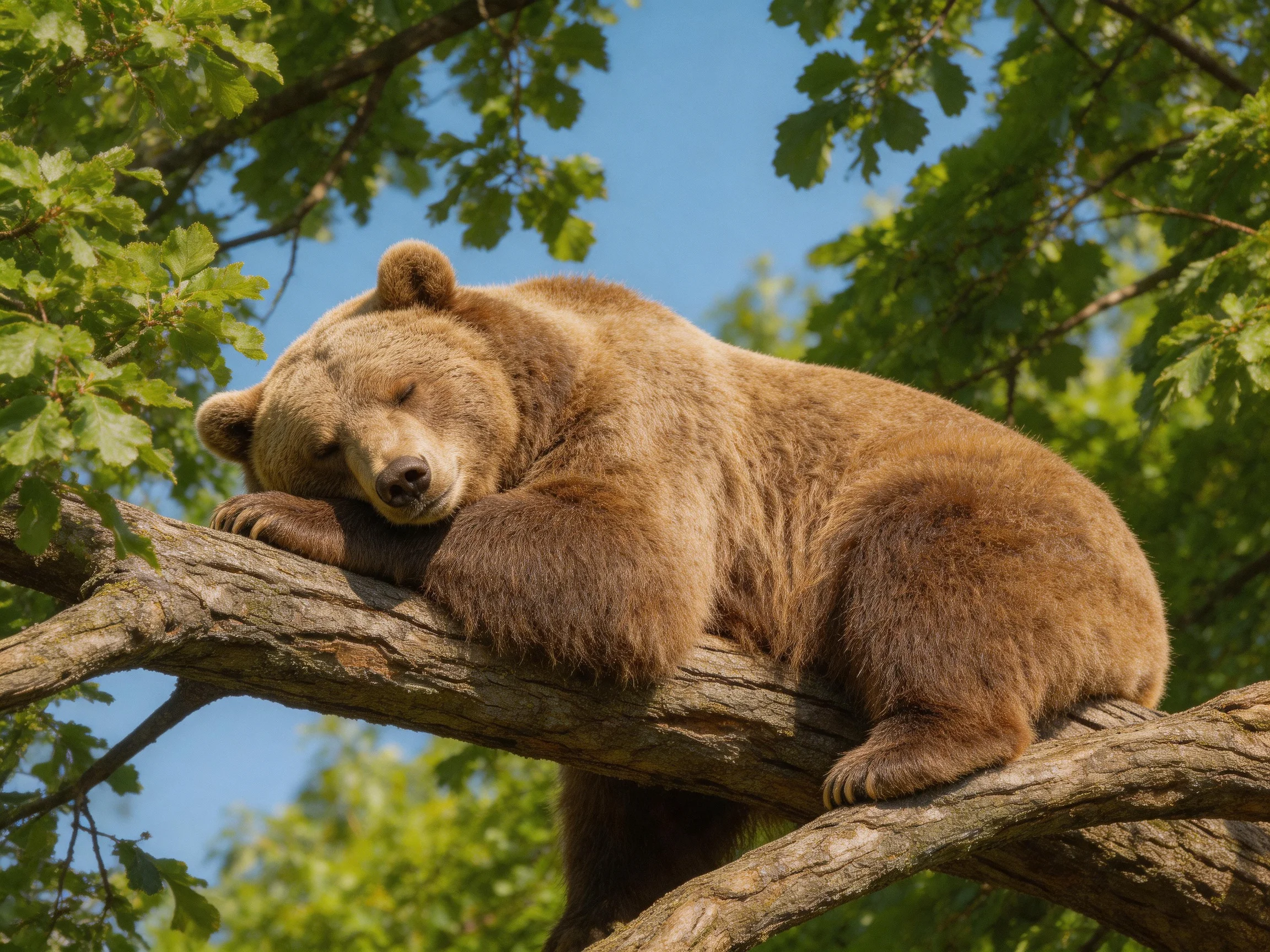 A large brown bear sleeps on a gnarled tree branch amid lush green foliage