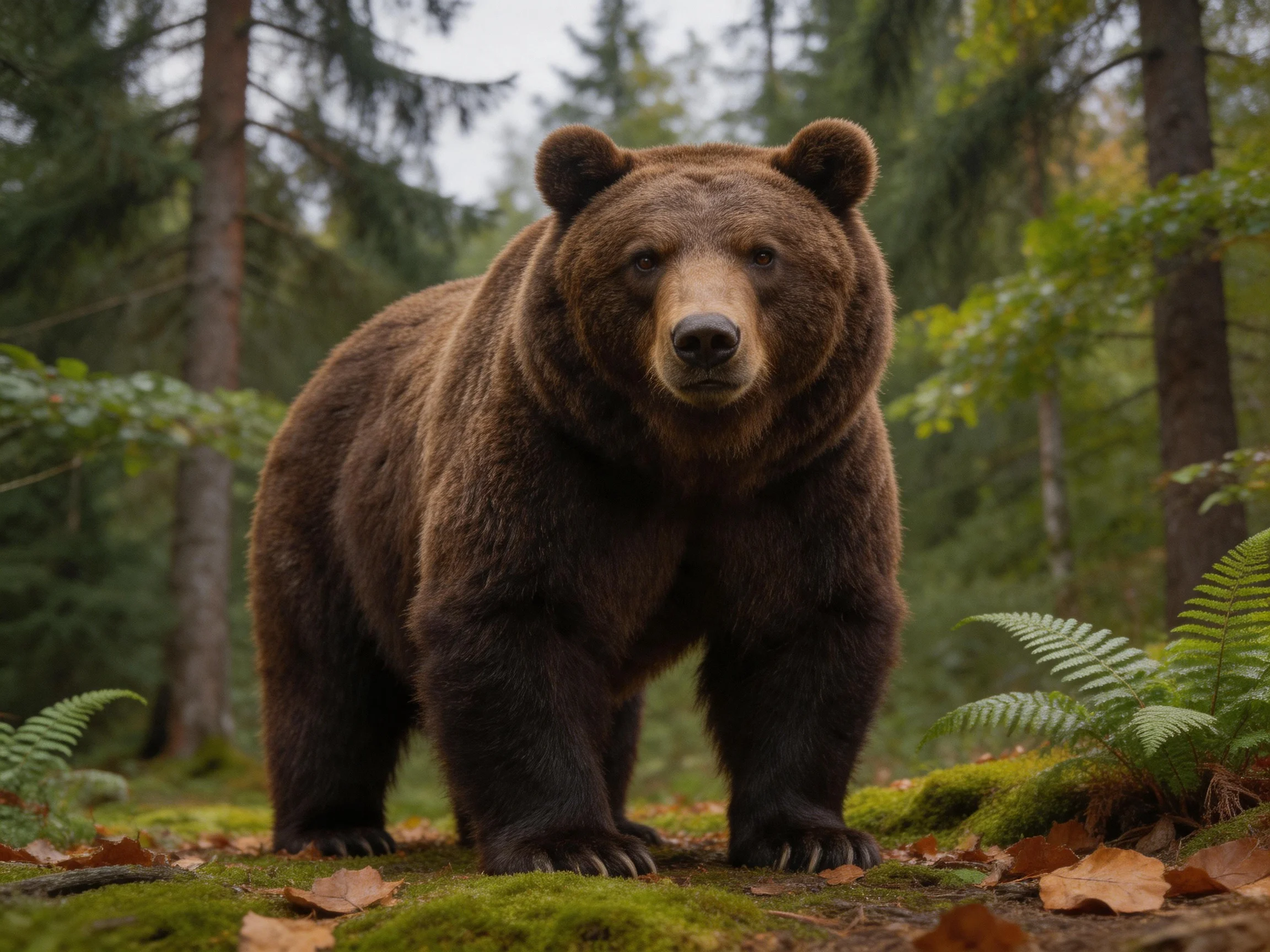 A large brown bear stands in a forest filled with greenery and trees.