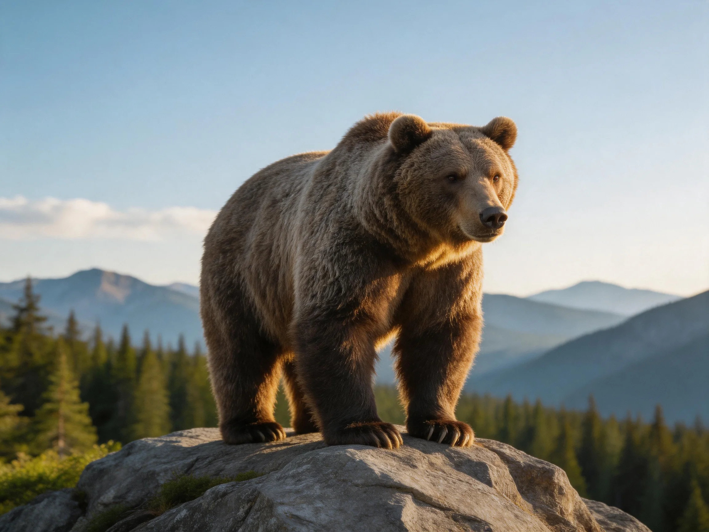 A large brown bear stands atop a rocky outcrop near forested mountains