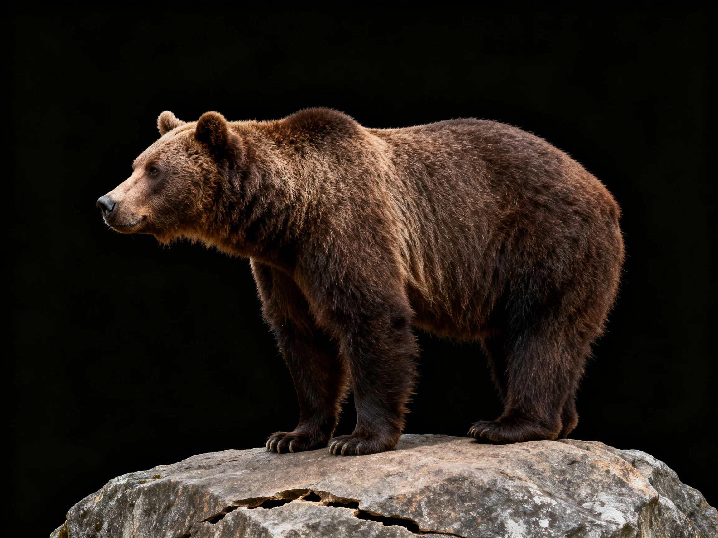 Large brown bear stands on weathered rock with black background