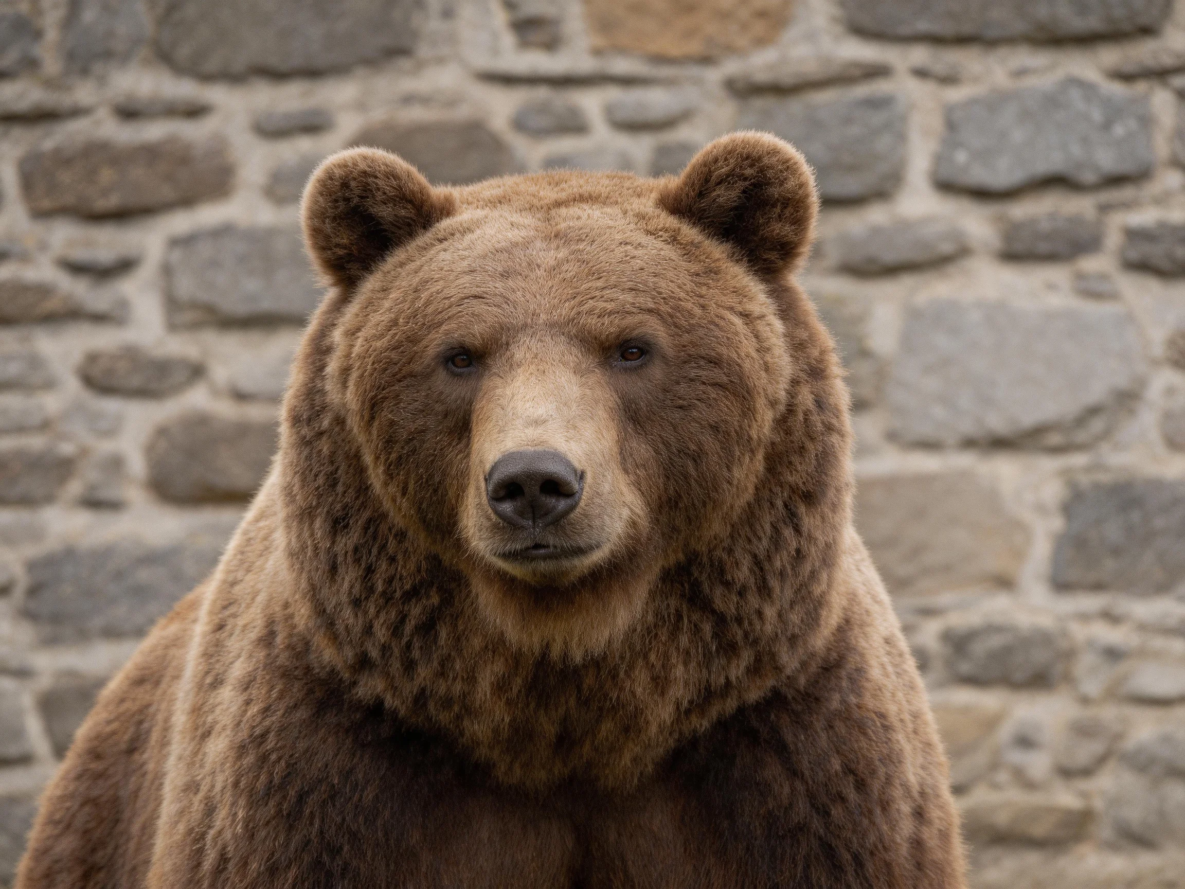 A large brown bear stands before a weathered stone wall backdrop.