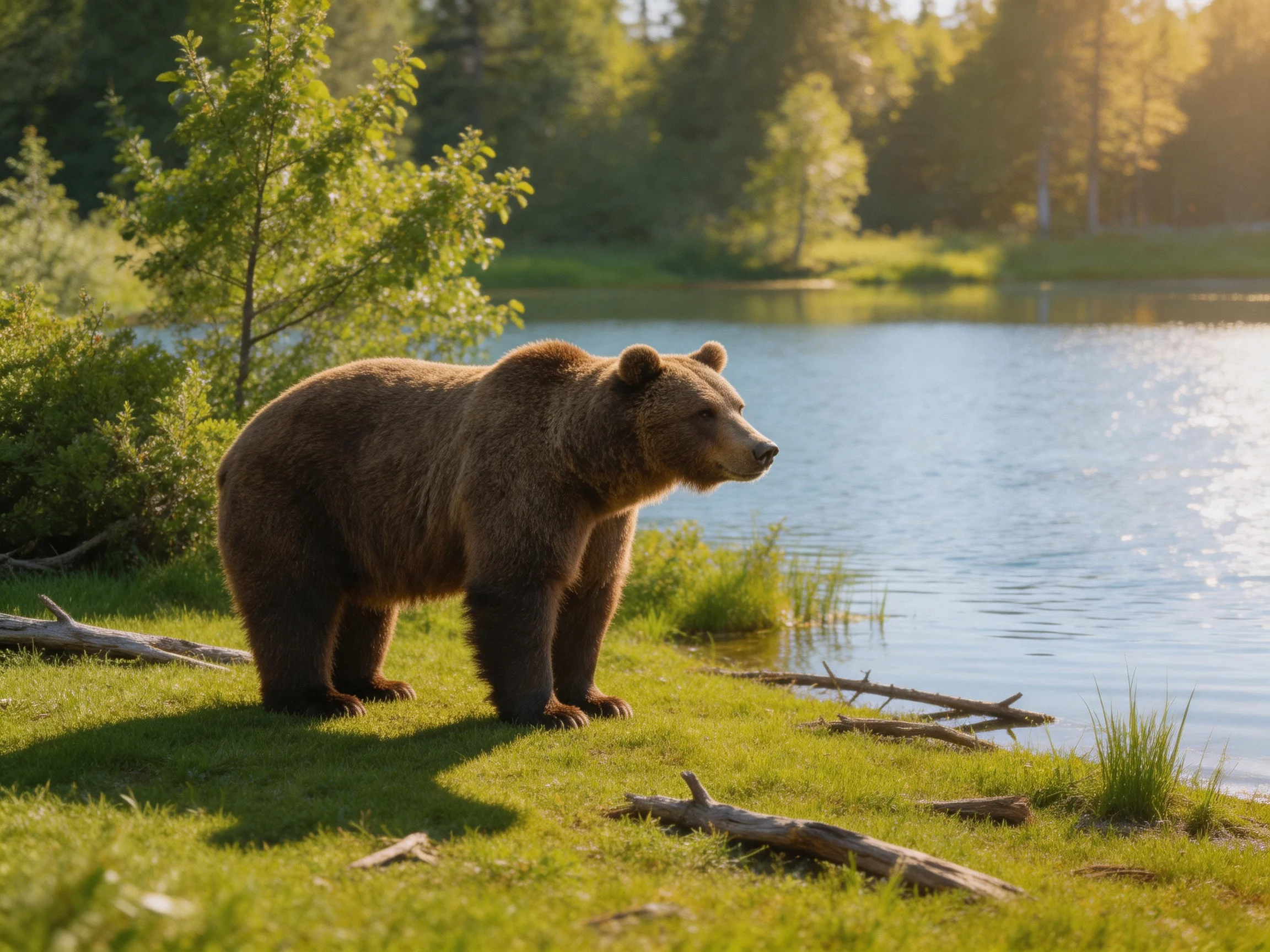 A brown bear stands near a calm lake with greenery.