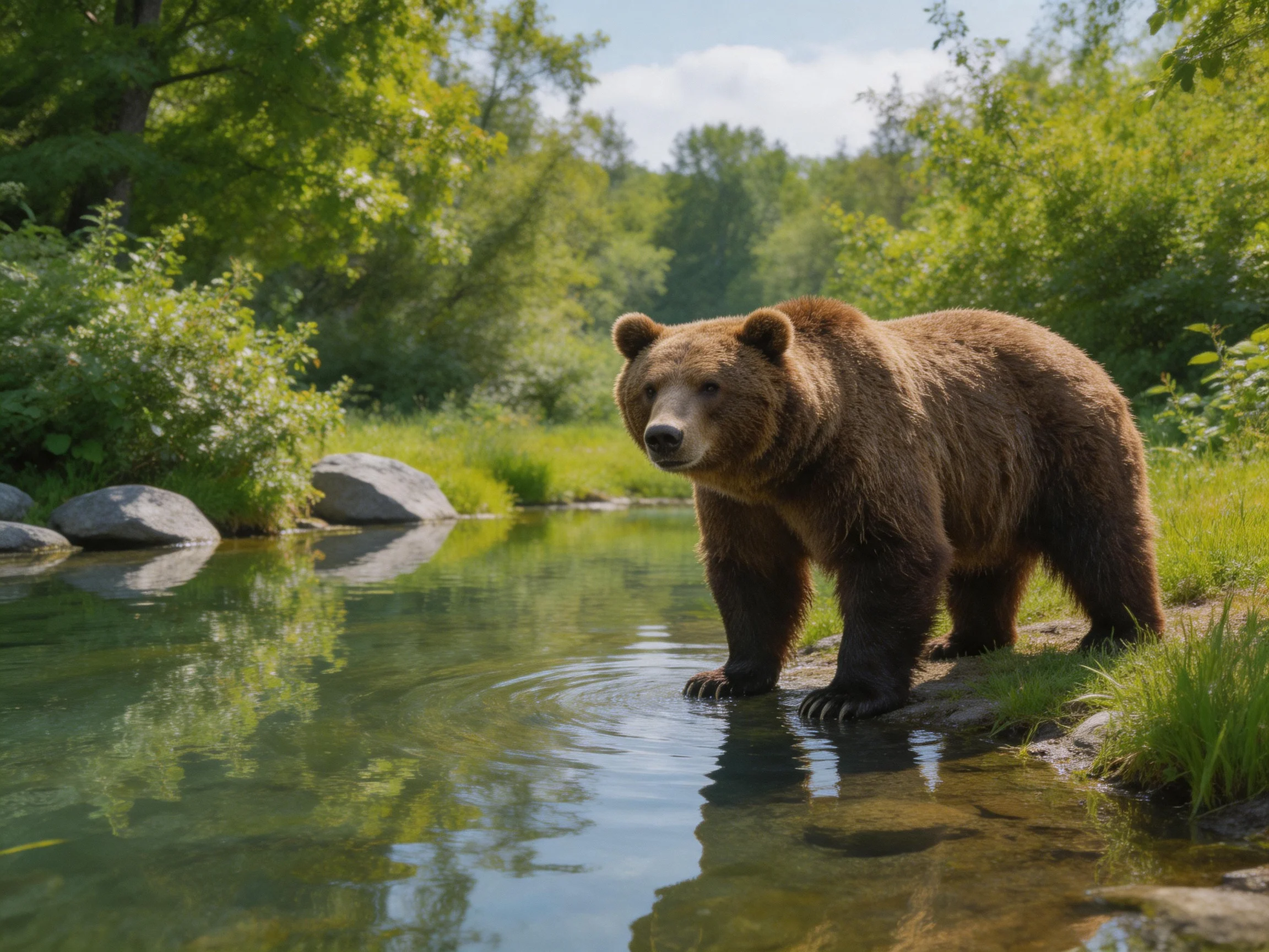 A large brown bear stands by a clear stream amid lush greenery