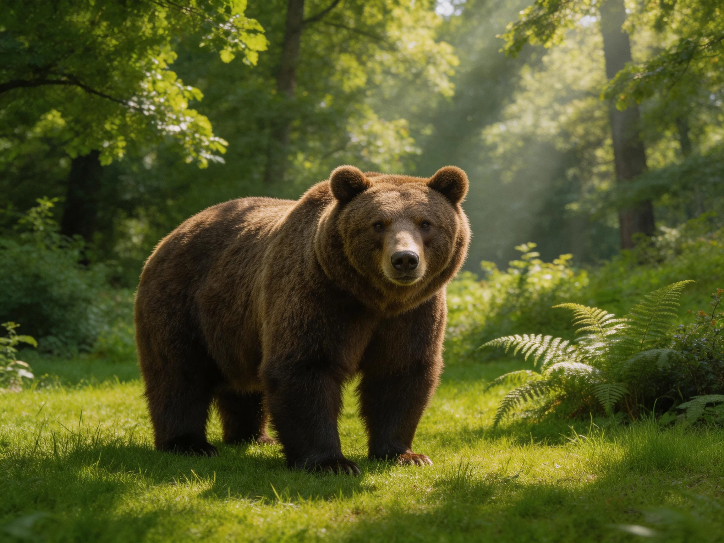 A brown bear stands in a sunlit forest with lush greenery.