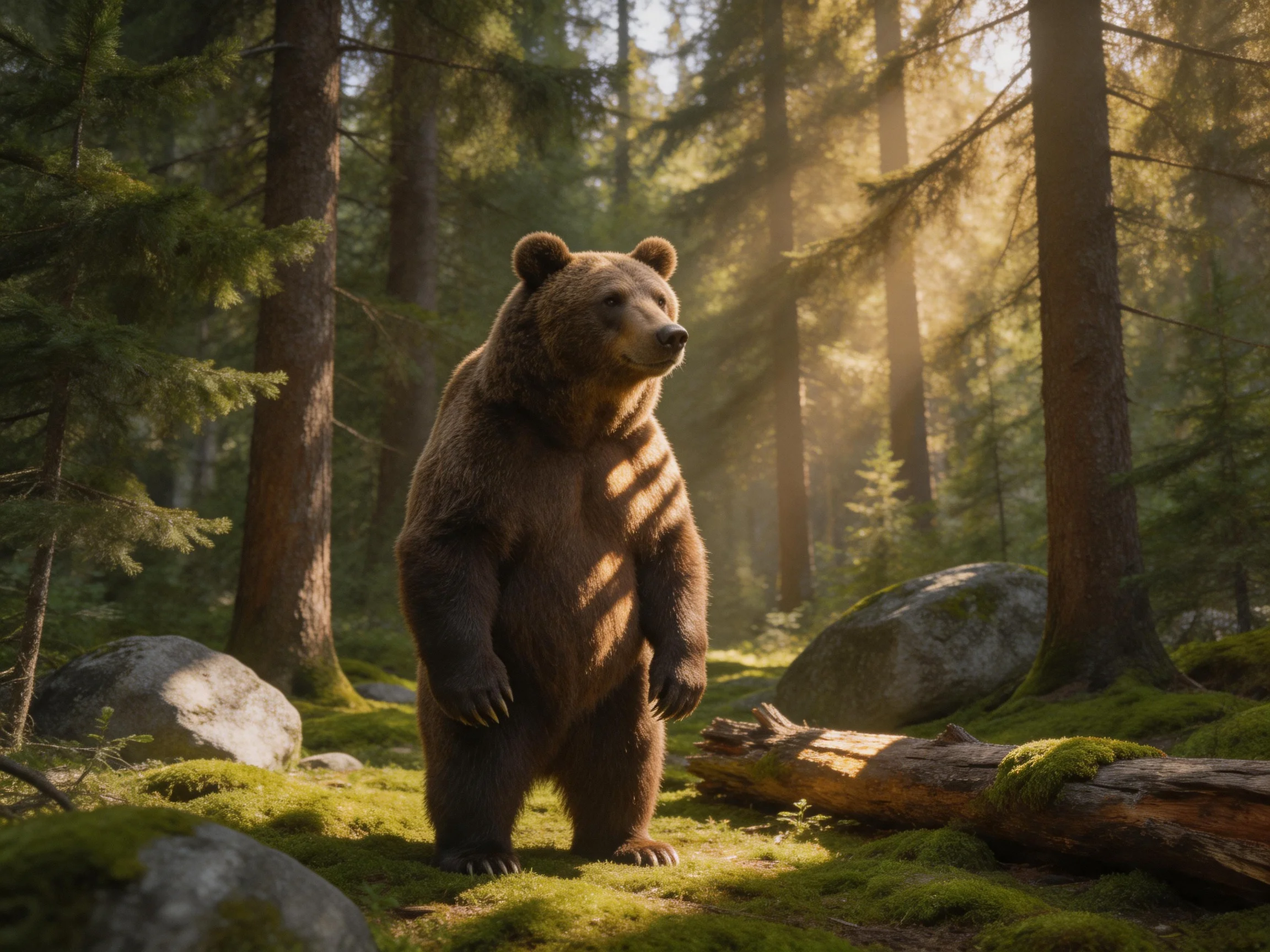A large brown bear stands in a sunlit forest with tall trees and mossy surroundings.