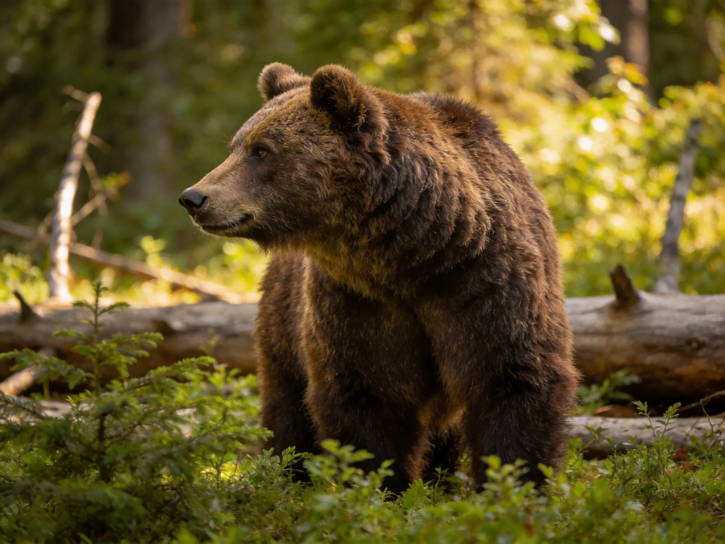 A large brown bear stands in a sun-dappled forest with dense greenery