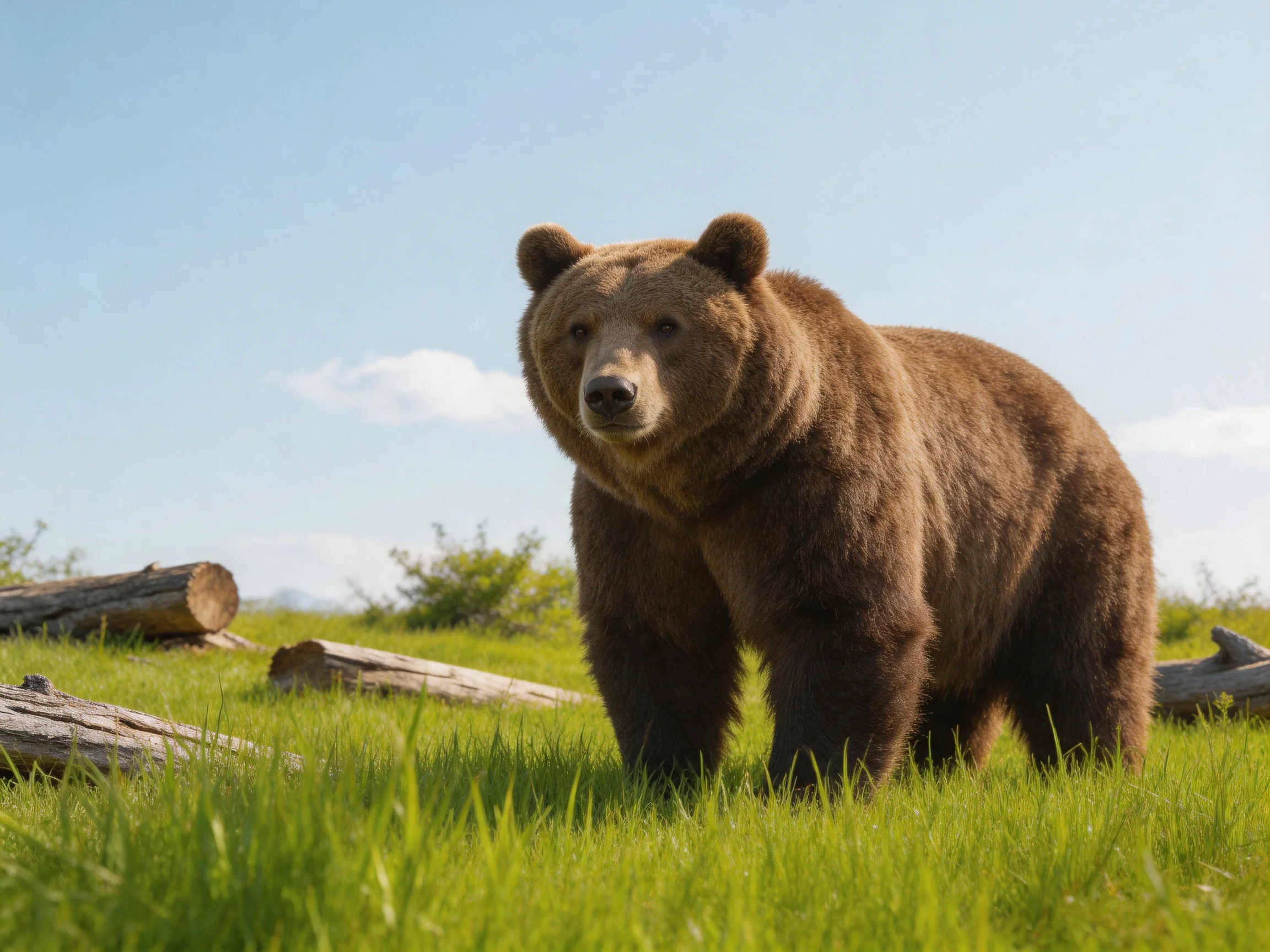 A brown bear stands in a grassy field with fallen logs under a sunny sky.