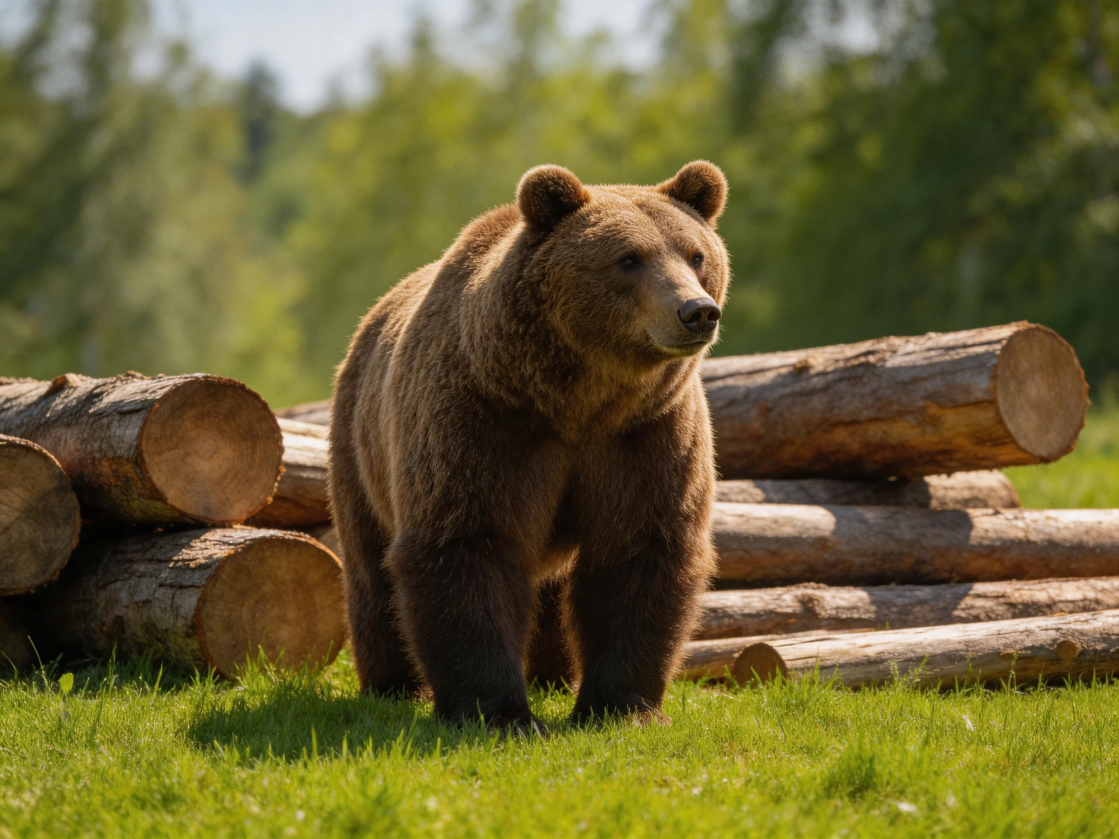 A large brown bear stands near stacked cut logs on lush green grass