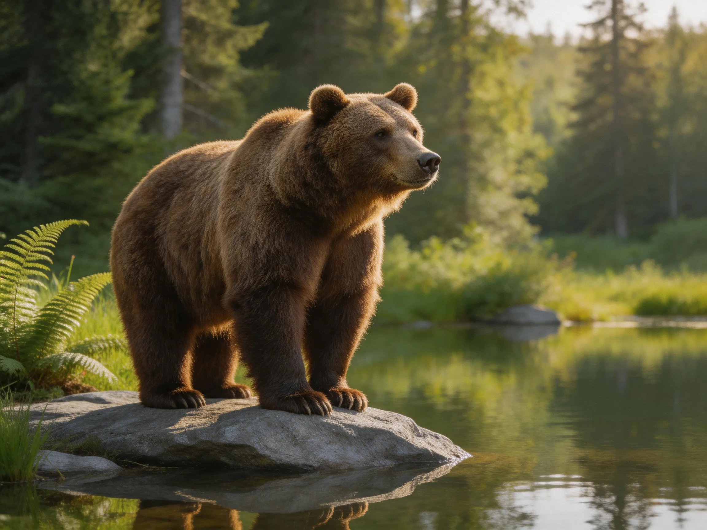 A large brown bear stands on a rock by calm water in a lush forest