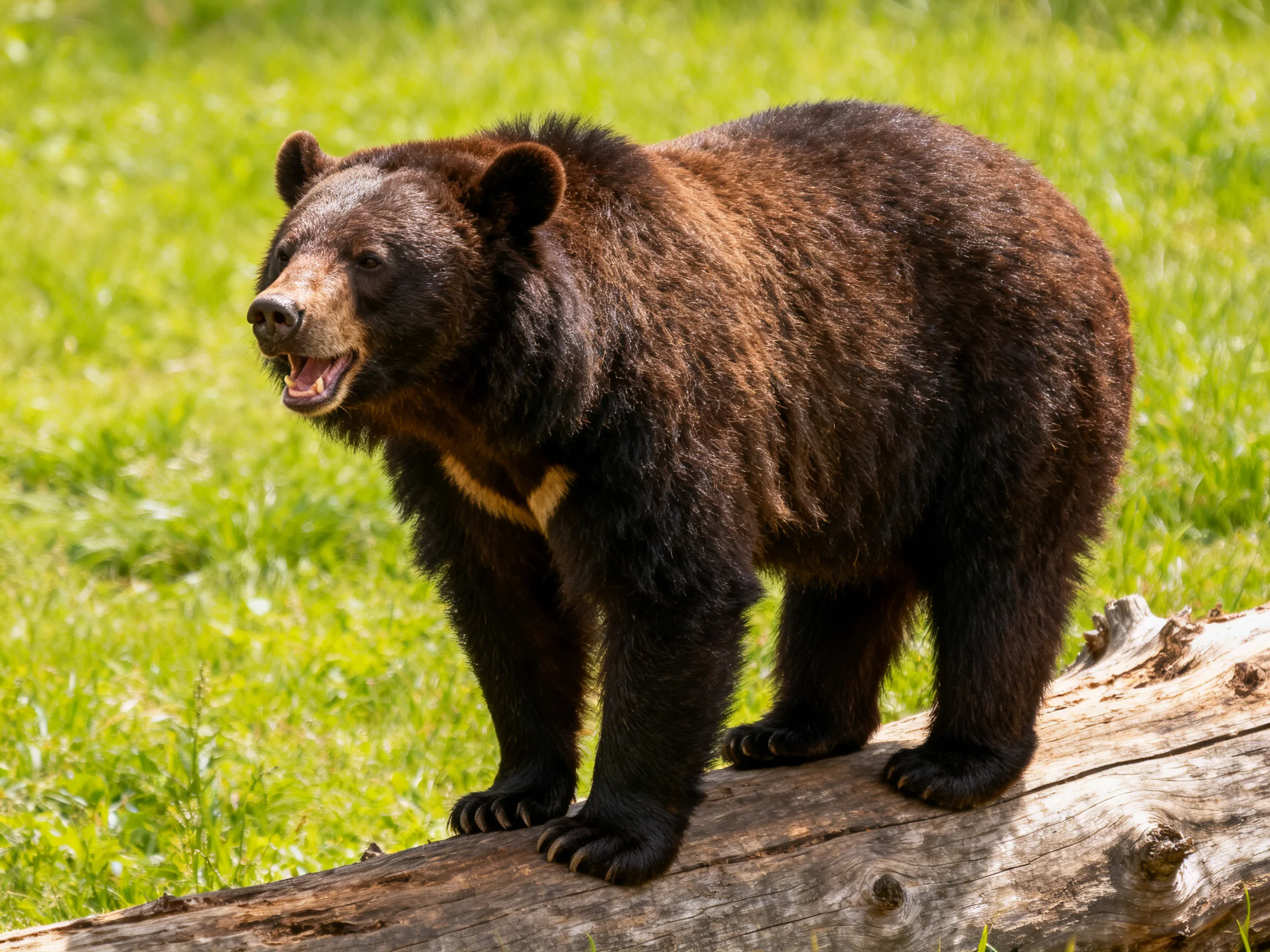 A large brown bear stands on a weathered log in lush green grass