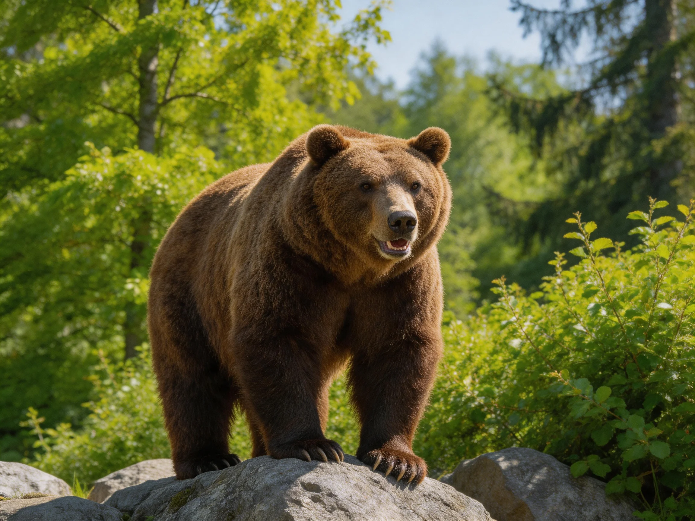 A large brown bear stands on gray rocks amid lush green foliage