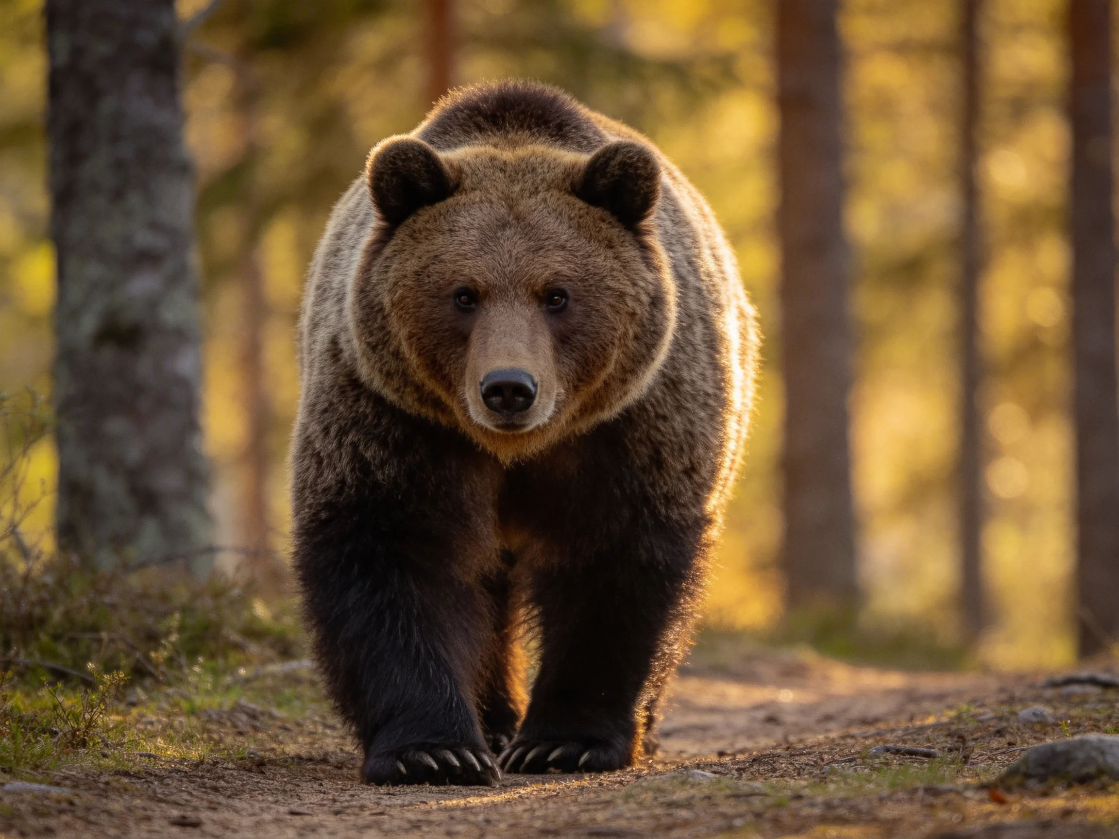 A large brown bear strides along a sunlit forest path