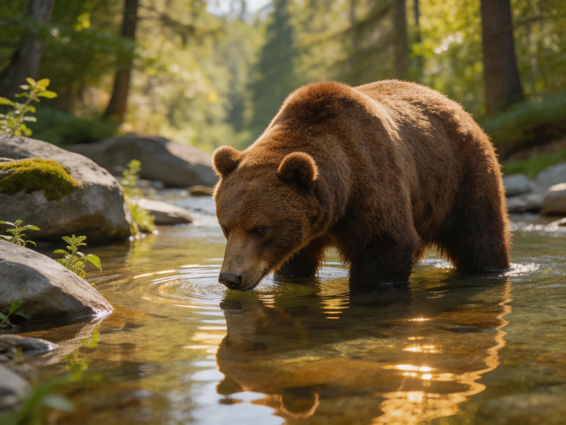 A large brown bear wades through a sunlit forest stream