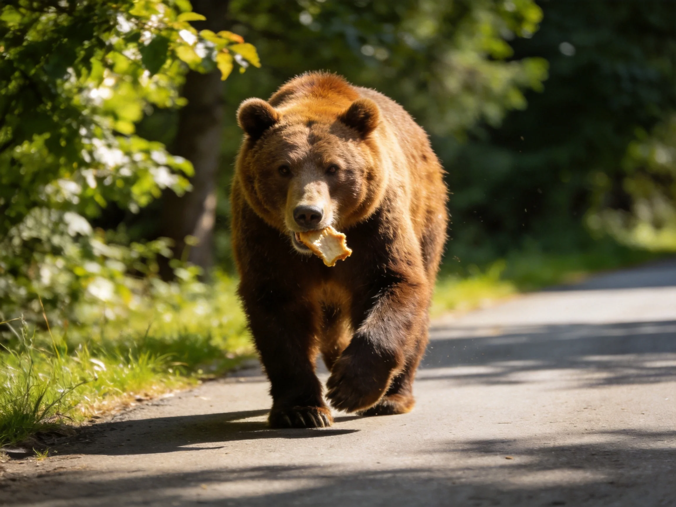 A brown bear carries food while walking on a sunlit path surrounded by greenery.