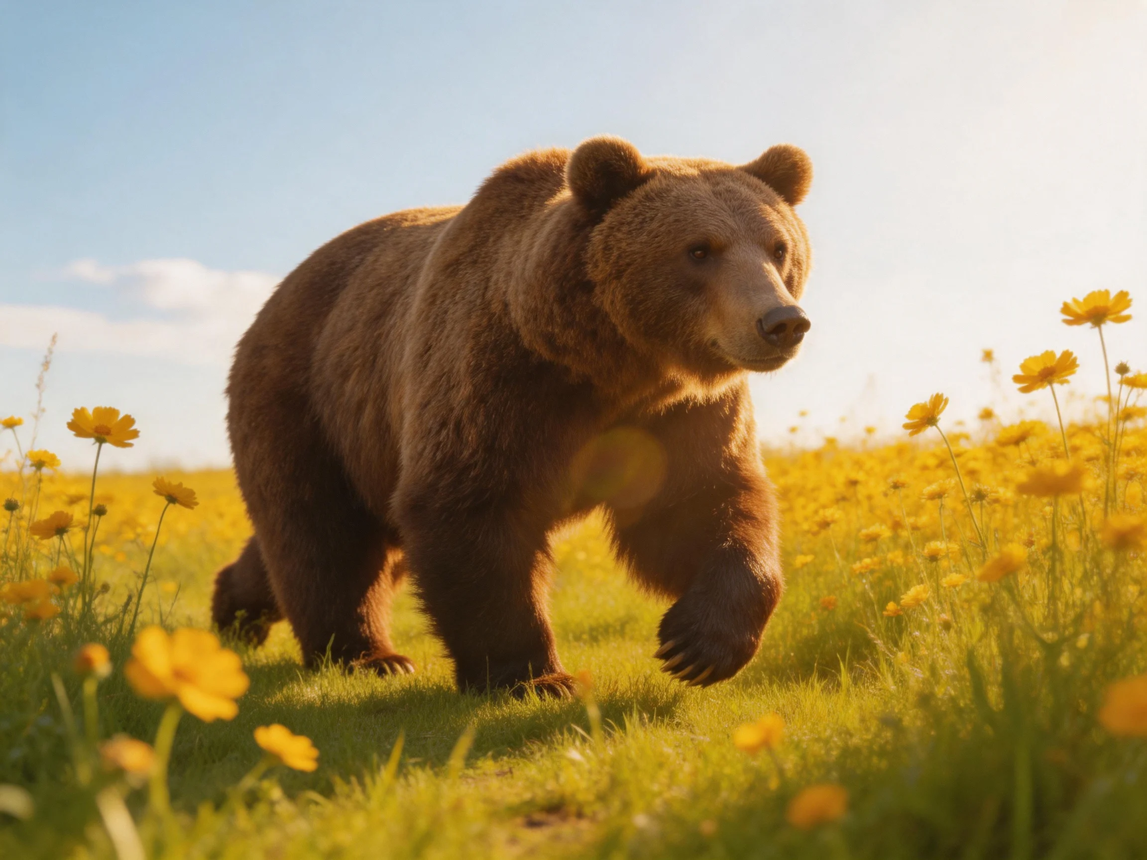 A large brown bear walks through a field of yellow wildflowers