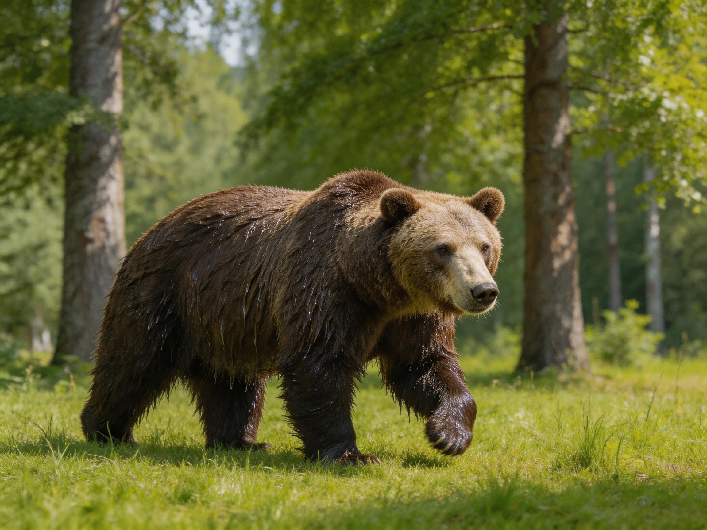 A large brown bear walks through a lush green forest clearing