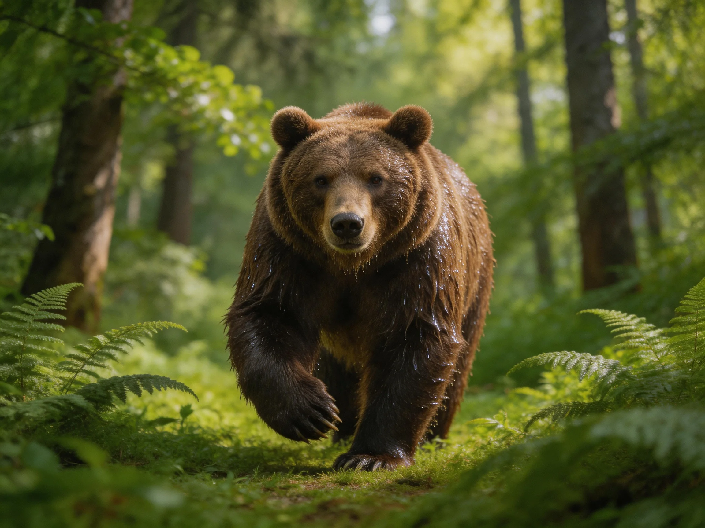 A large brown bear moves through a verdant forest.