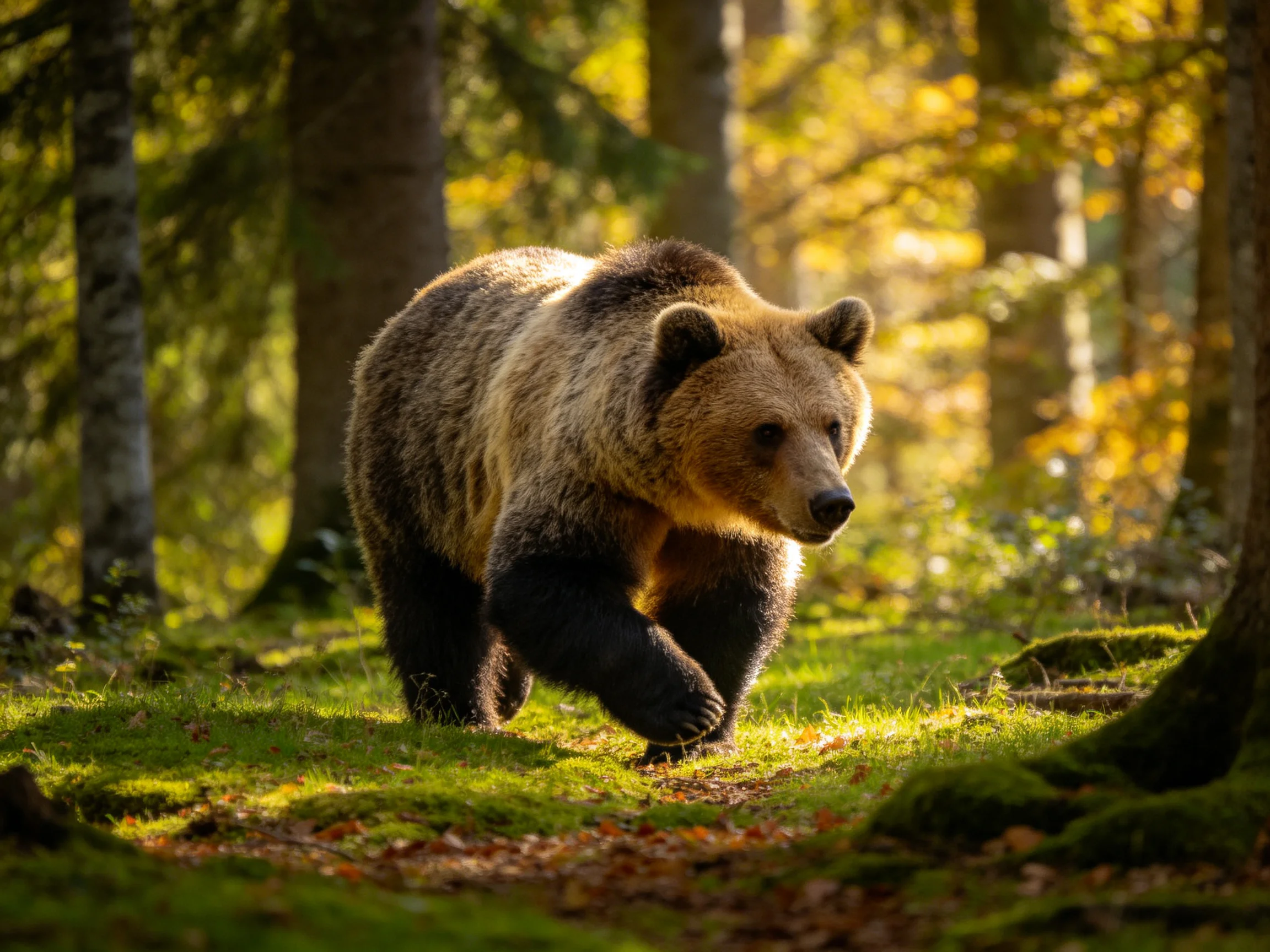 A brown bear moves through a sunlit forest with tall trees and greenery.