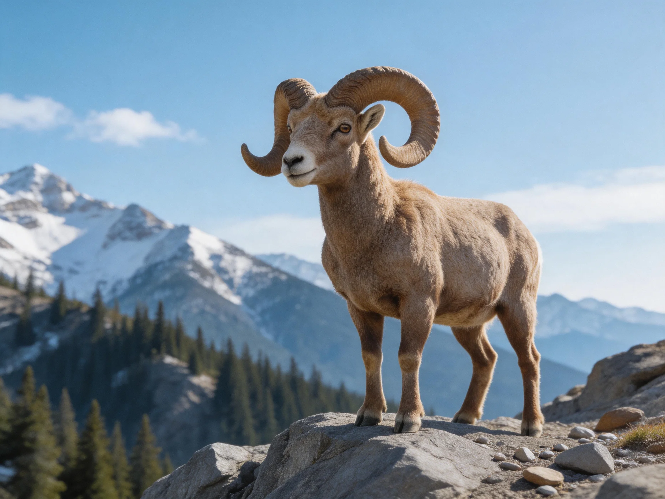 A large brown bighorn ram stands on rocky terrain with snow-capped mountains in the background.