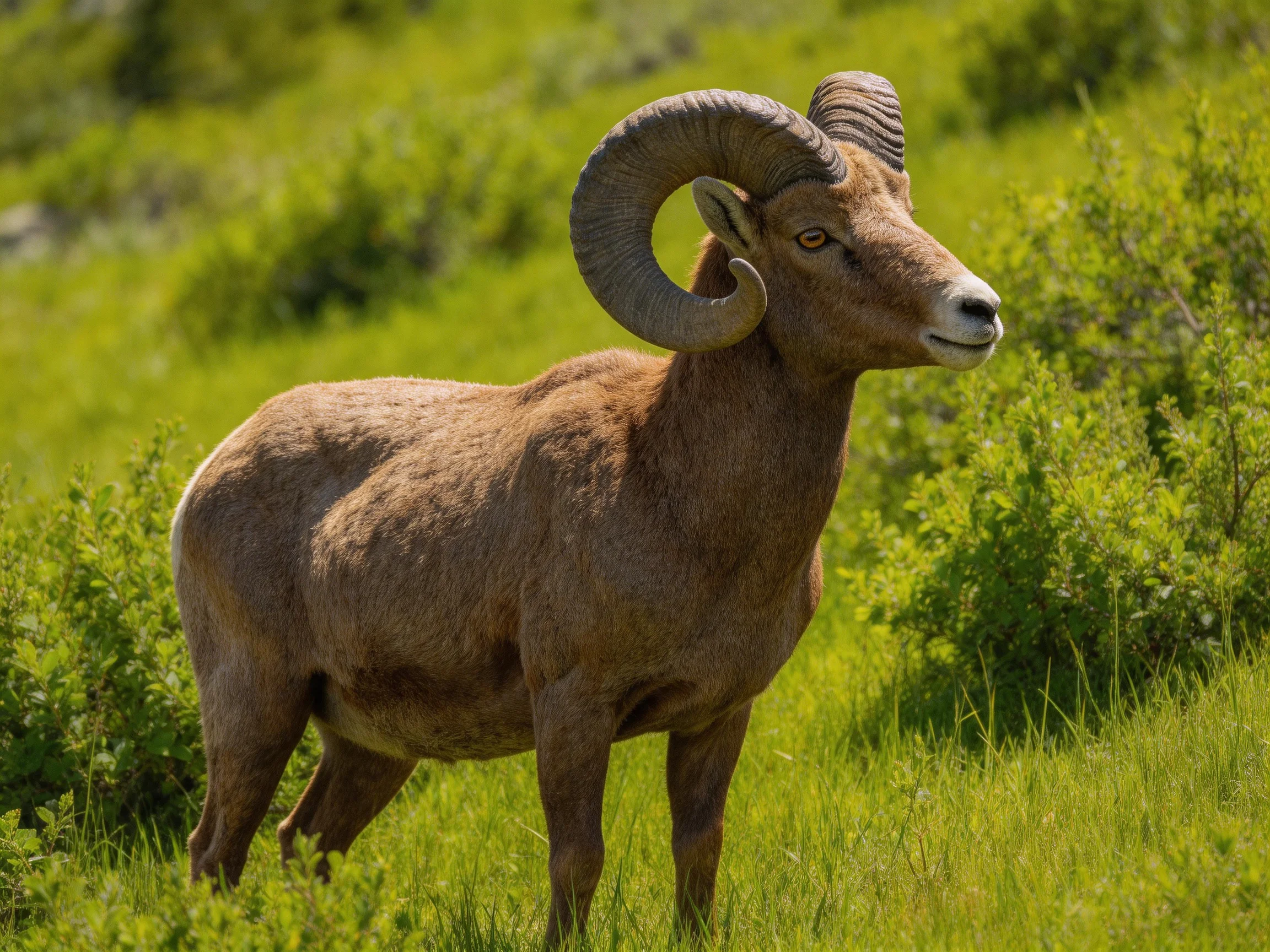 A large brown bighorn ram stands in lush greenery