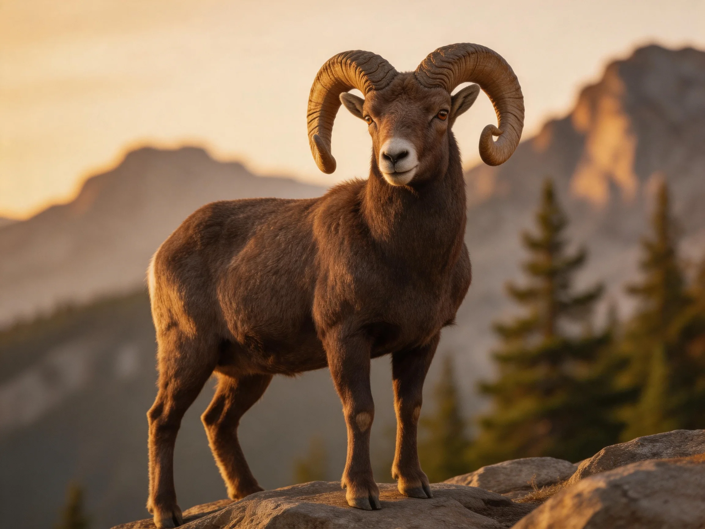A large brown bighorn ram stands on rocky terrain near mountain peaks