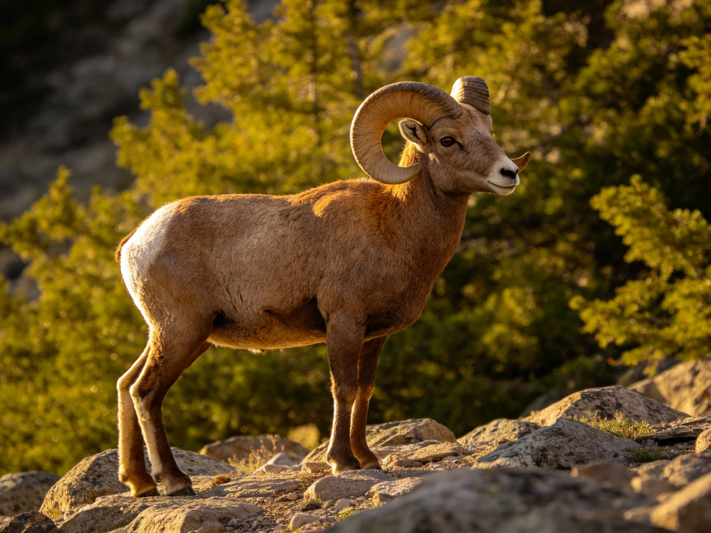 A brown bighorn sheep stands on rocks amid green trees