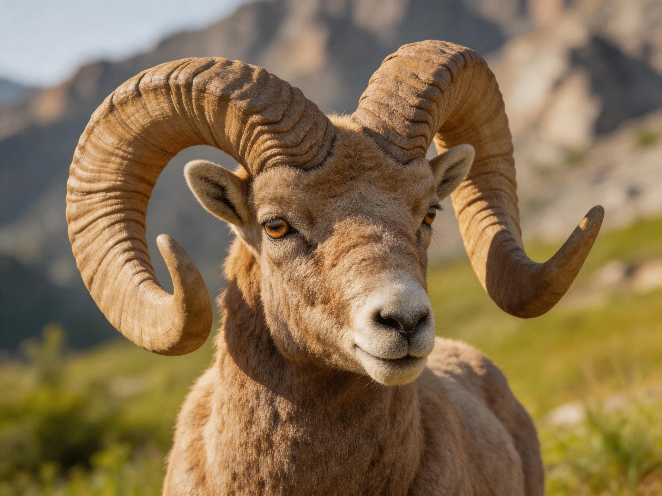 A large brown bighorn sheep with massive curved horns is shown in a mountainous area.