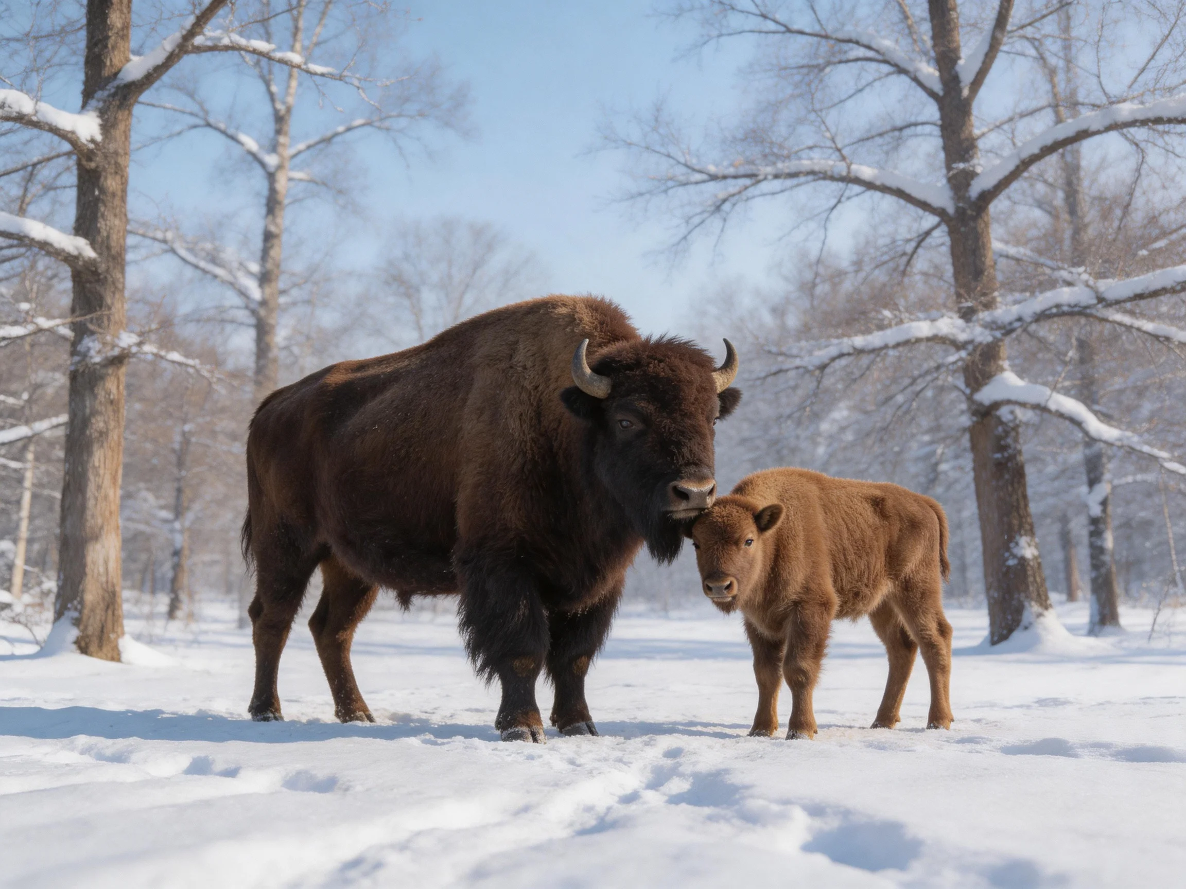 A large brown bison and young brown calf in a snow - covered forest