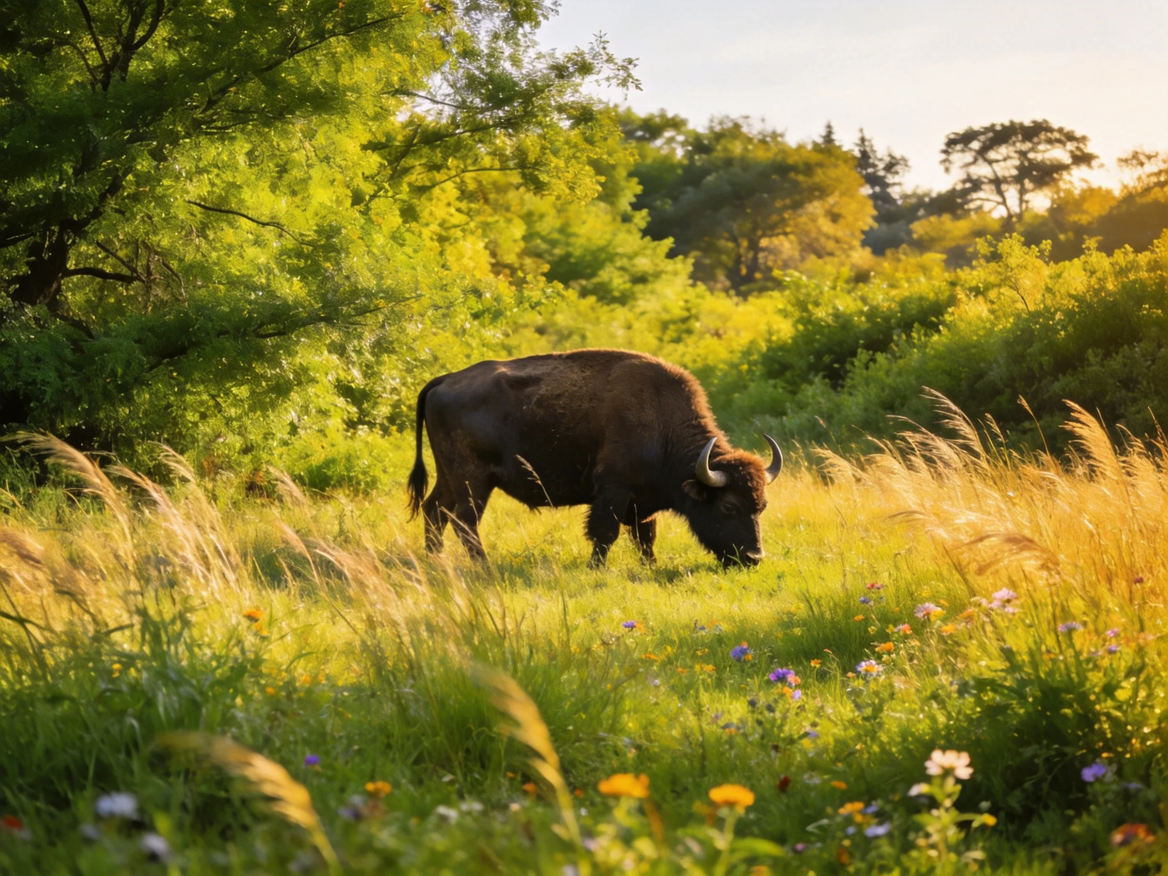 A brown bison grazes in a sunlit meadow with tall golden grass and trees.